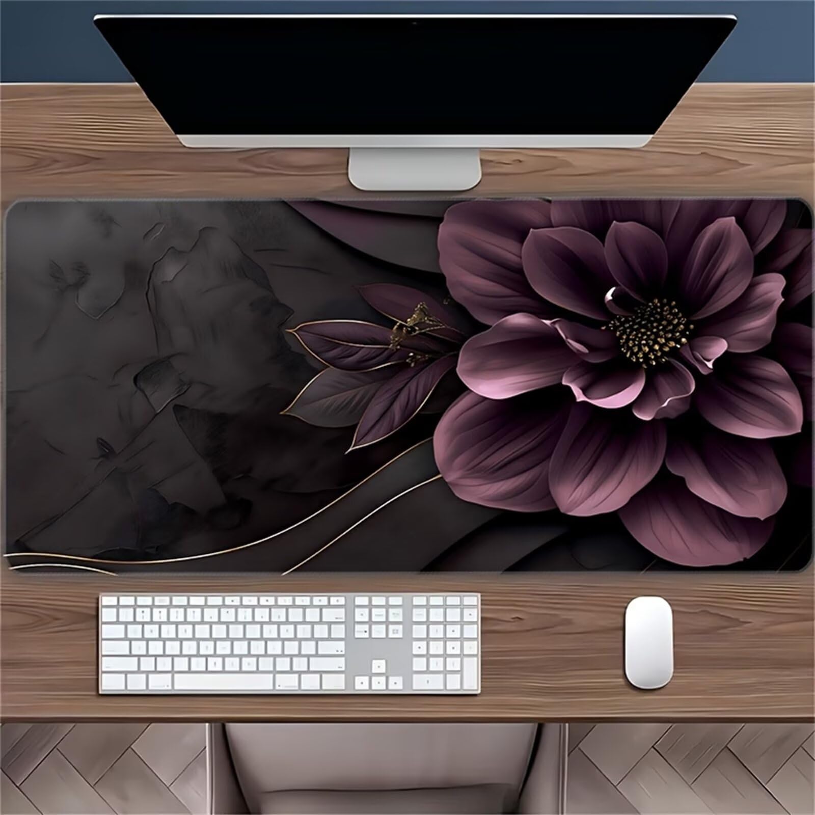 Grand Tapis de Souris de Jeu 1000x500x2 mm Mouse Pad Gaming Fleurs Roses Grises Tapis de Bureau Antidérapant avec Bords Cousus pour Bureau, Études, Gamer