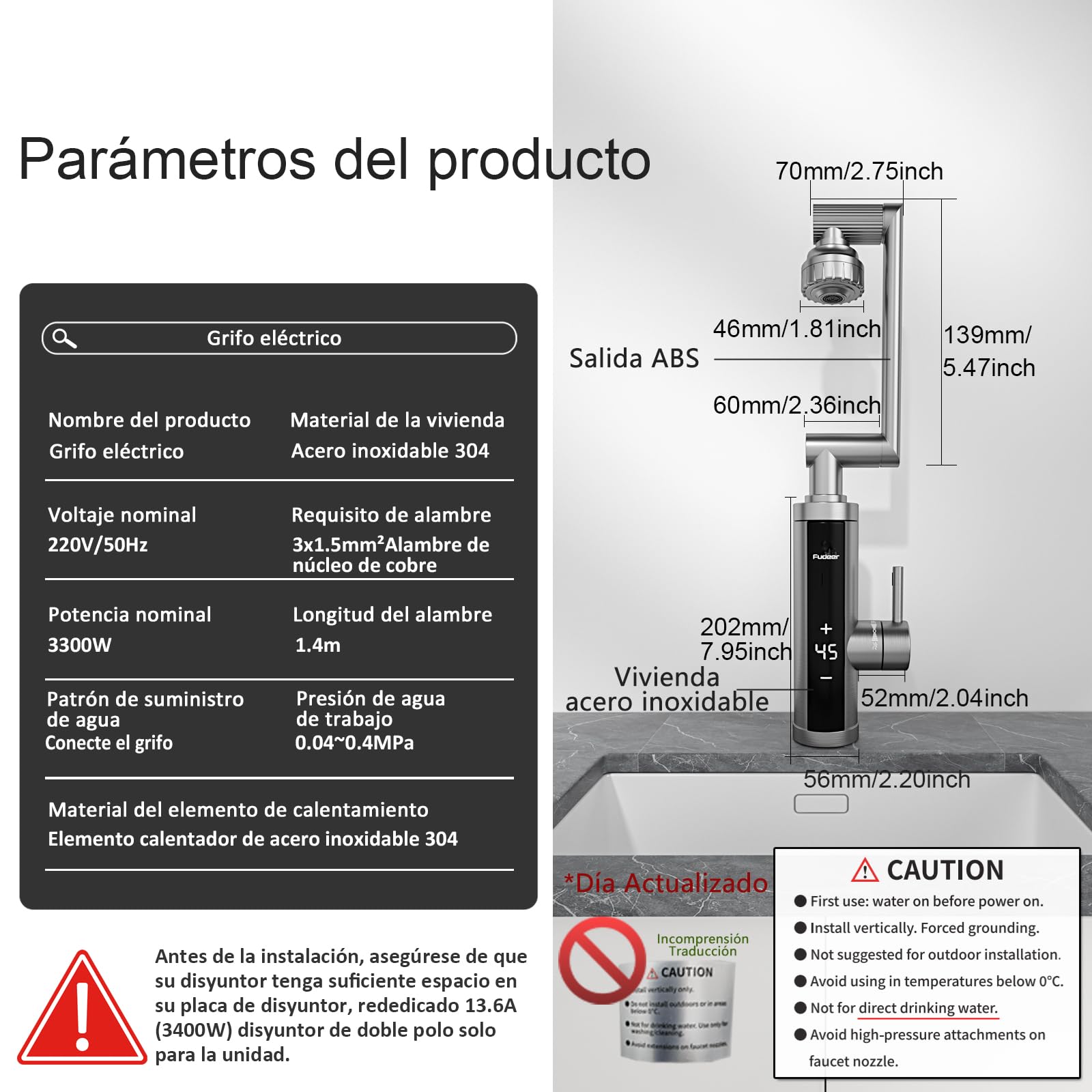 Grifo con calentador de agua 230 V (caño mecánico)