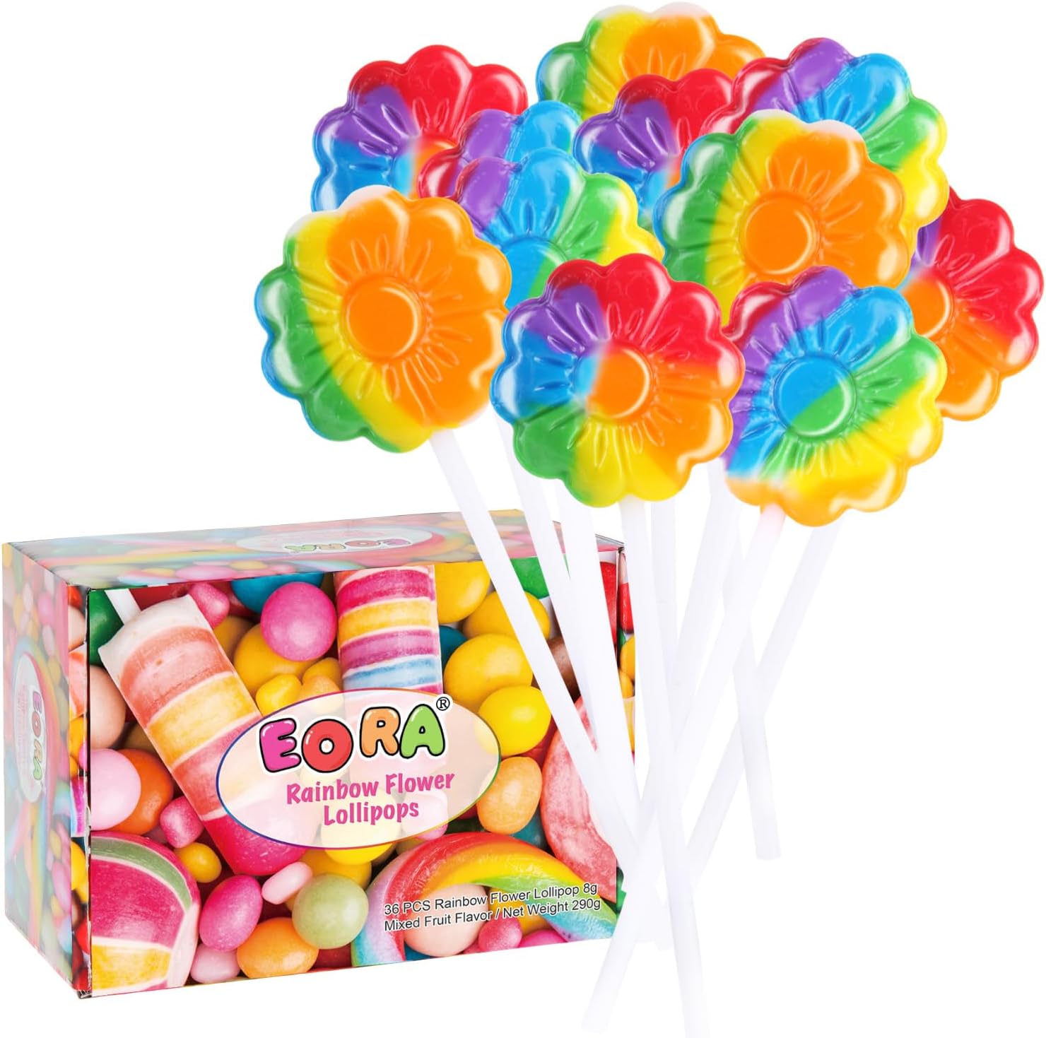 36 Pack Rainbow Flower Lollipop Small, Rainbow Swirl Lollipops Individually Wrapped Bulk, Lollipops Candy for Birthday, Net 8g Mixed Fruit Flavor