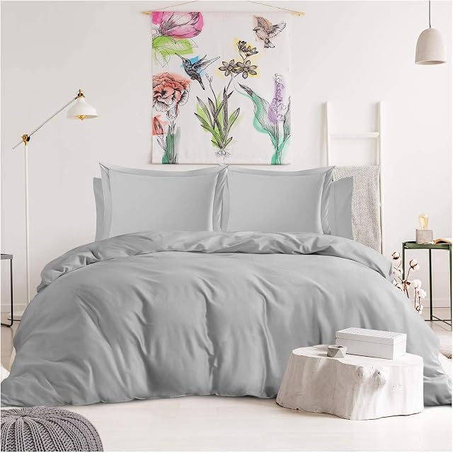 Duvet Cover Set with Matching Pillow Cases 100% Cotton Sateen 300 Thread Count Hotel Quality Quilt Protector Cover Premium Bedding Collection Extra Soft Comforter Luxury Light Grey (Double)