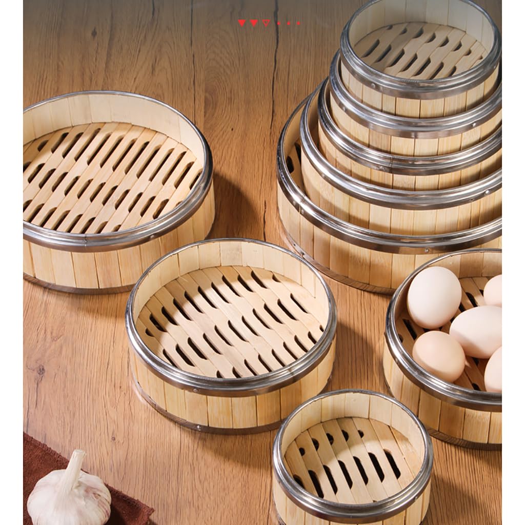 Cesta de Vapor de bambú,2 Niveles con Tapa Steam Cooker,Olla vaporera de bambú Cocinar al Vapor con Bandas de Acero Inoxidable - para arroz,Dim Sum,Verduras,Carne y Pescado (8 tamaños)