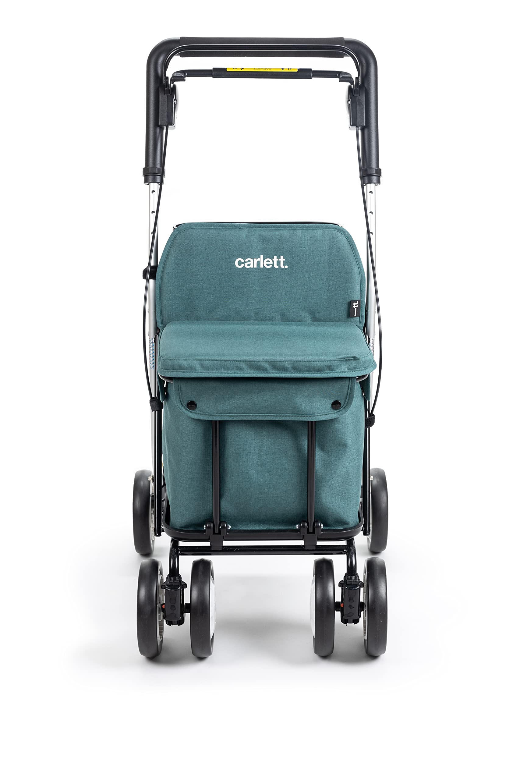 Carlett Déambulateur et Chariot avec Siège Intégré, Produit Médical Homologué UE, Sac Amovible 29 L / 15 kg, Plateau Porte-Objets et Poignée Réglable, Pliable, Roues Réglables, Comfort, Verte