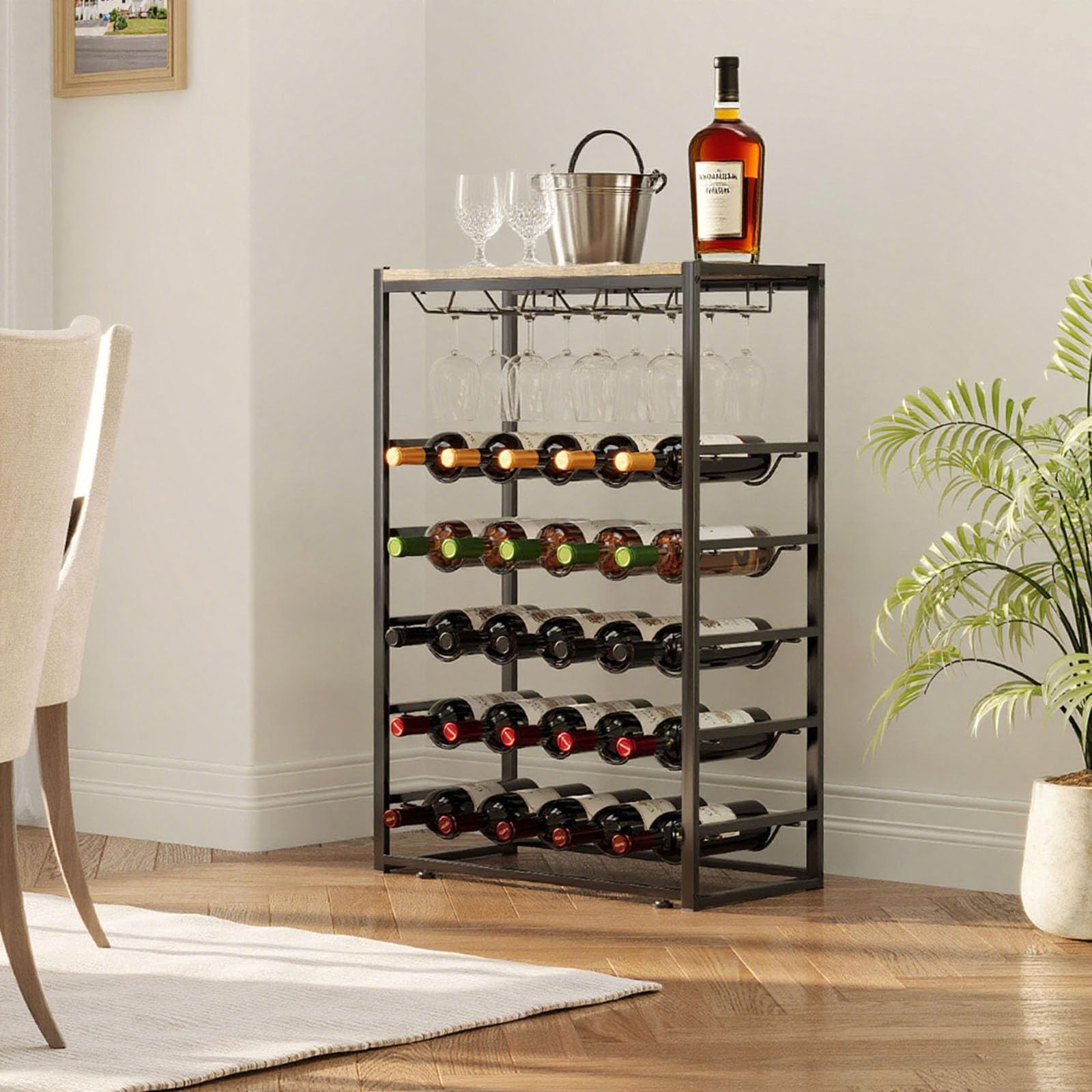 Urban Deco Weinregal für 30 Flaschen, Flaschenregal Stehend mit Holz Tischplatte, Weinregal Metall Schwarz für Küche Bar Keller Esszimmer, 59 x 30 x 89 cm