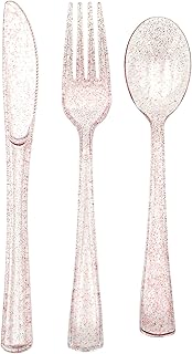 hapray 180PCS Rose Gold Plastic Silverware Set, Disposable Glitter Gold Cutlery, Flatware Set, 60 Gold Forks, 60 Gold Spoo...