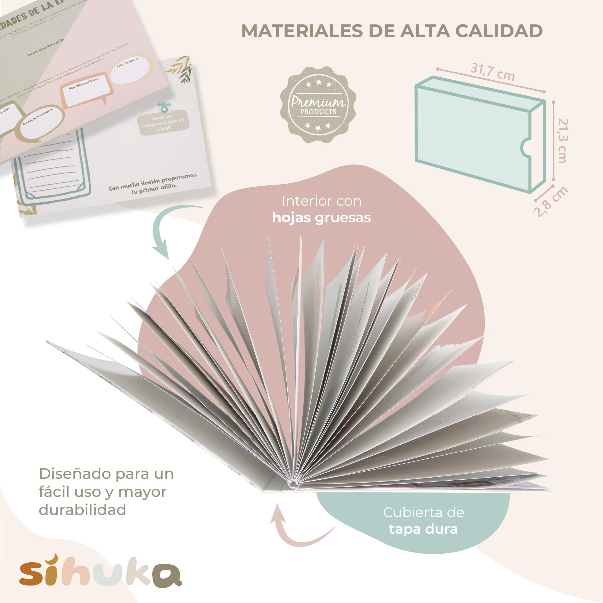 Libro Recuerdo Bebé- Álbum Foto Bebé- Diario Primer Año – Regalo para Recién Nacido – Álbum Recuerdos con Tapa Dura, Funda y Pegatinas – Niño/Niña – 60 Páginas