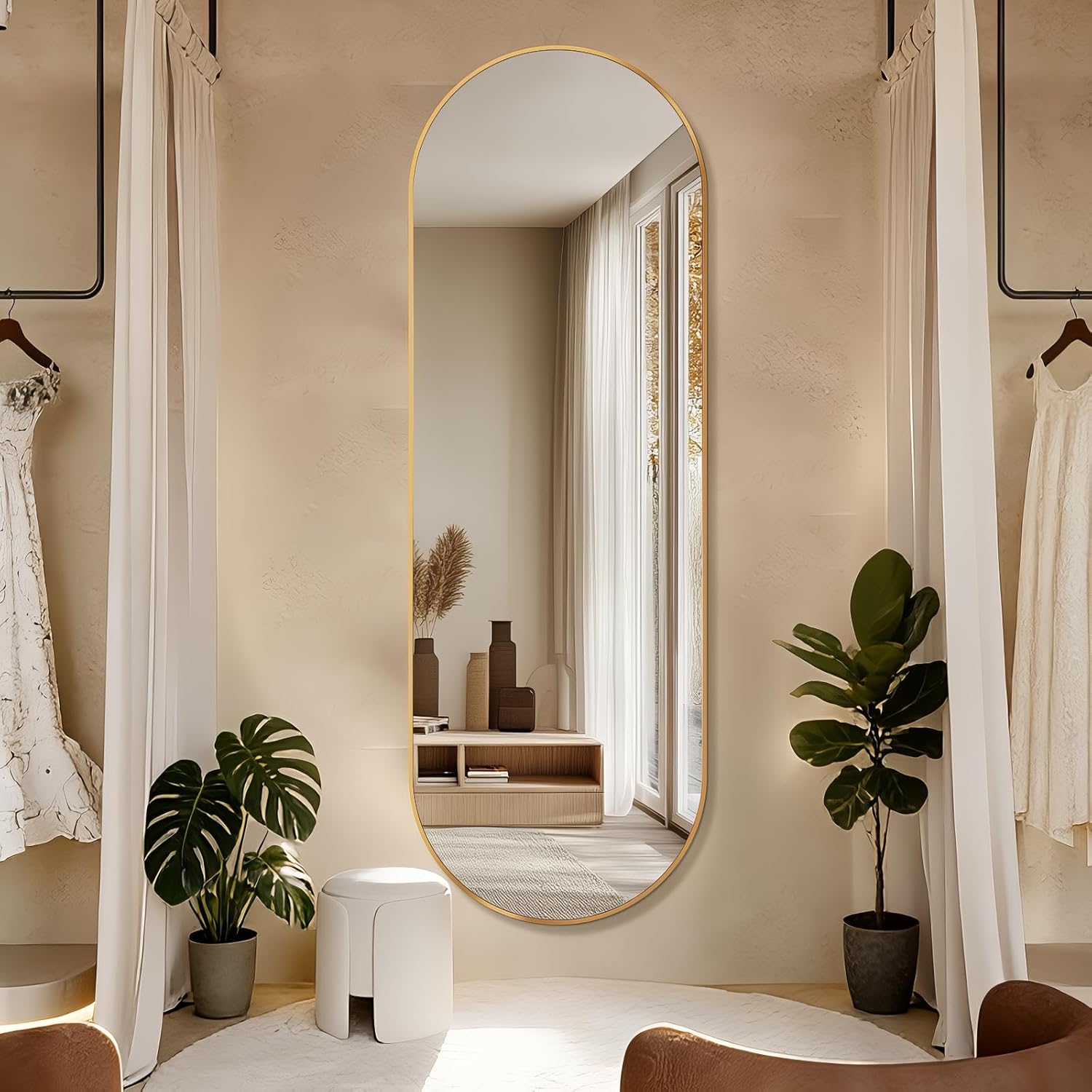 Oval Full Length Mirror, 71"×24" Wall-Mounted Floor Mirror with Metal Frame, Ultra-Clear Explosion-Proof Dressing Mirror, Simple and Classic Deco for Cloakroom/Bedroom/Living Room, Gold