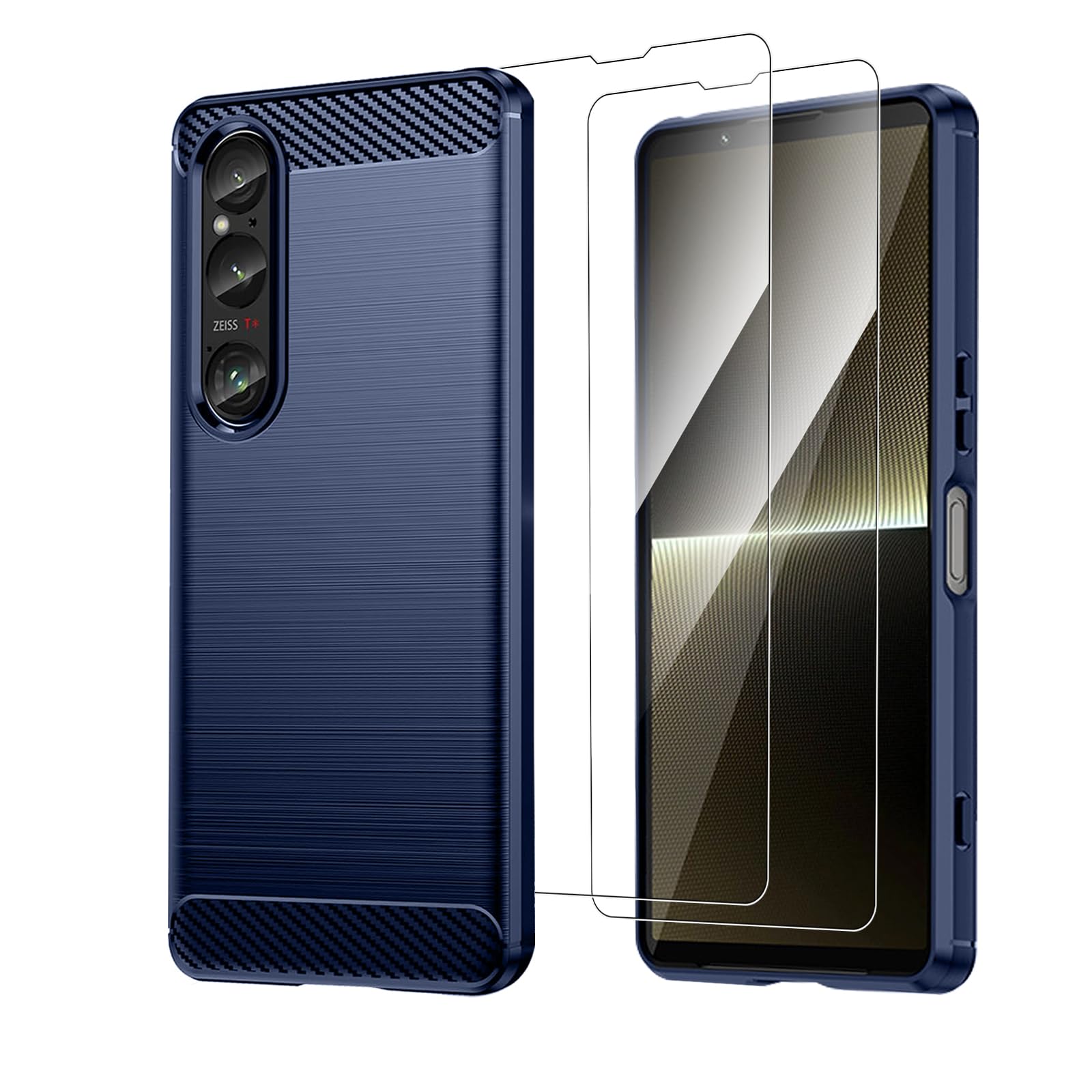 Case for Sony Xperia 1 VI, Full Protection Anti-Scratch Soft TPU Protctive Cover Case [Carbon Fiber Texture] Ultra Thin Anti-Drop Rugged Tough Shell with 2 Tempered Glass Film,Blue