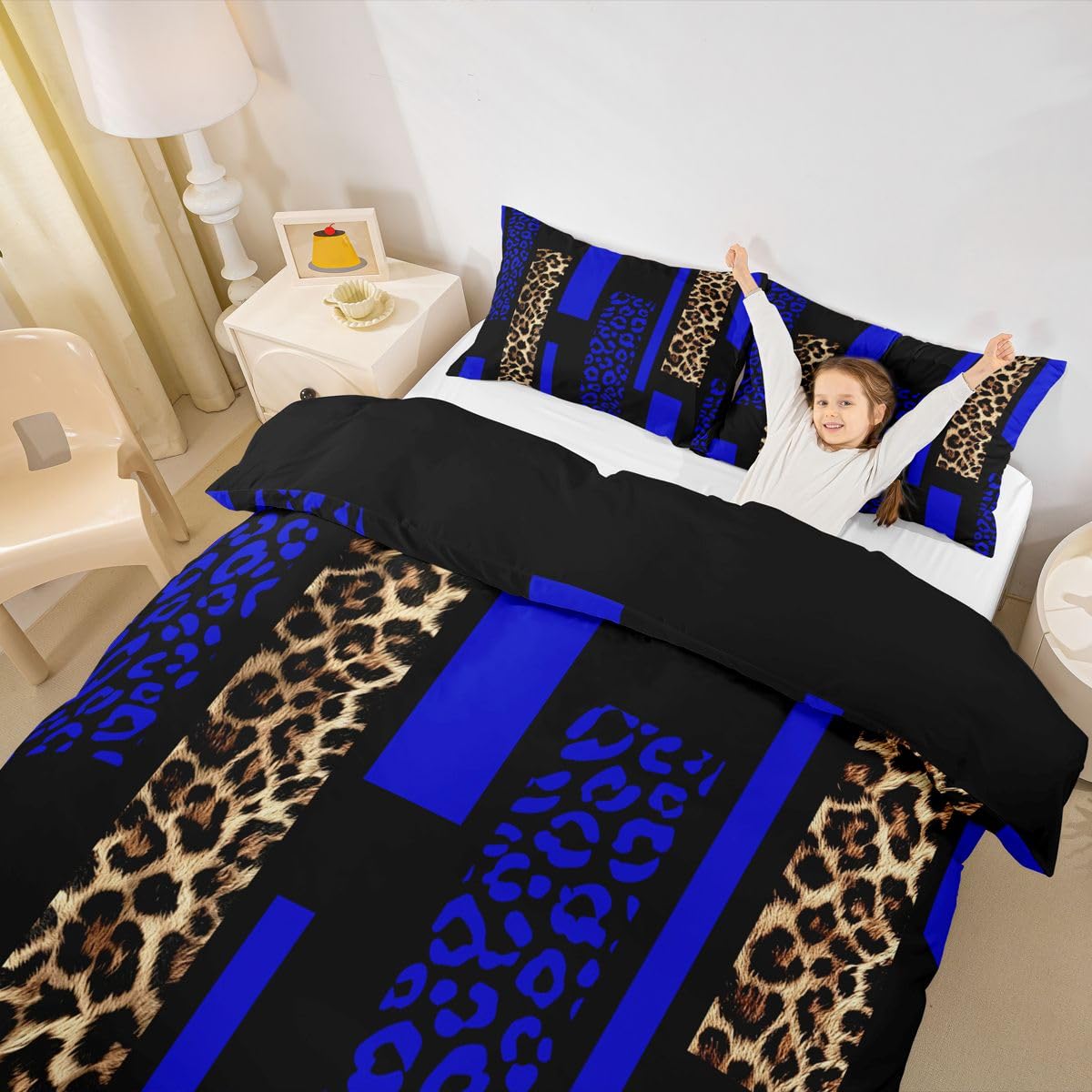 Homewish Jasnoniebieski nadruk geparda king size zestawy poszewek na kołdrę nowoczesny nadruk w panterkę pościel dla dorosłych nastolatków kobiet afrykańskie dzikie zwierzę skóra poszewka na kołdrę