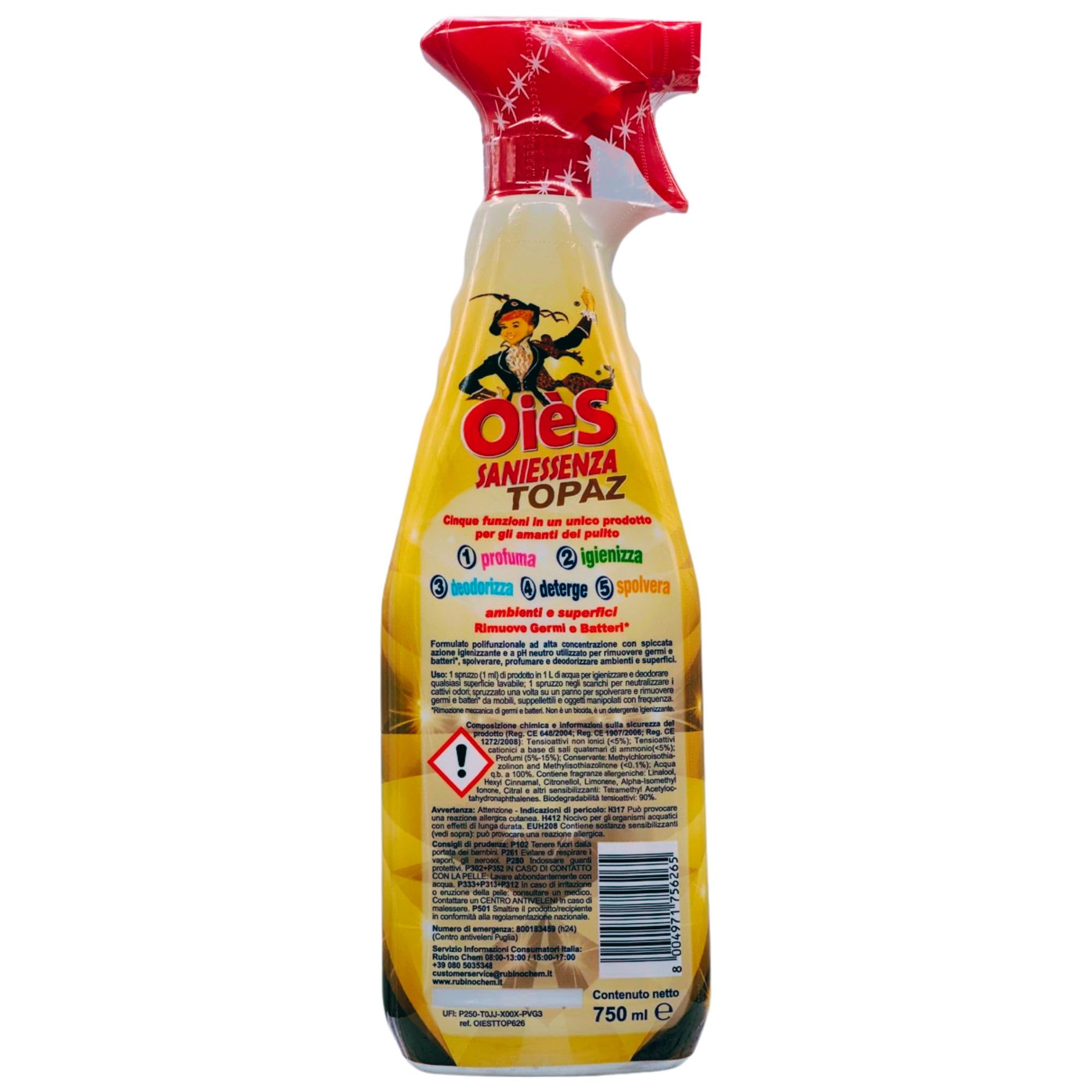 Detergente Spray Sanissenza, Il Miglior Formulato Che Profuma, Igienizza e Spolvera Ambienti e Superfici. Rimuove Germi e Batteri. Disponibile In Varie Profumazioni 750ml (4 Spray, TOPAZ Luxury)
