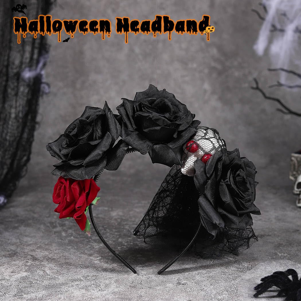 Zoestar Halloween Headband Mexican Rose Flower Hair Bands Skull Veil Hair Hoop Day of The Dead Party Costume Hair Accessories for Women - Image 3