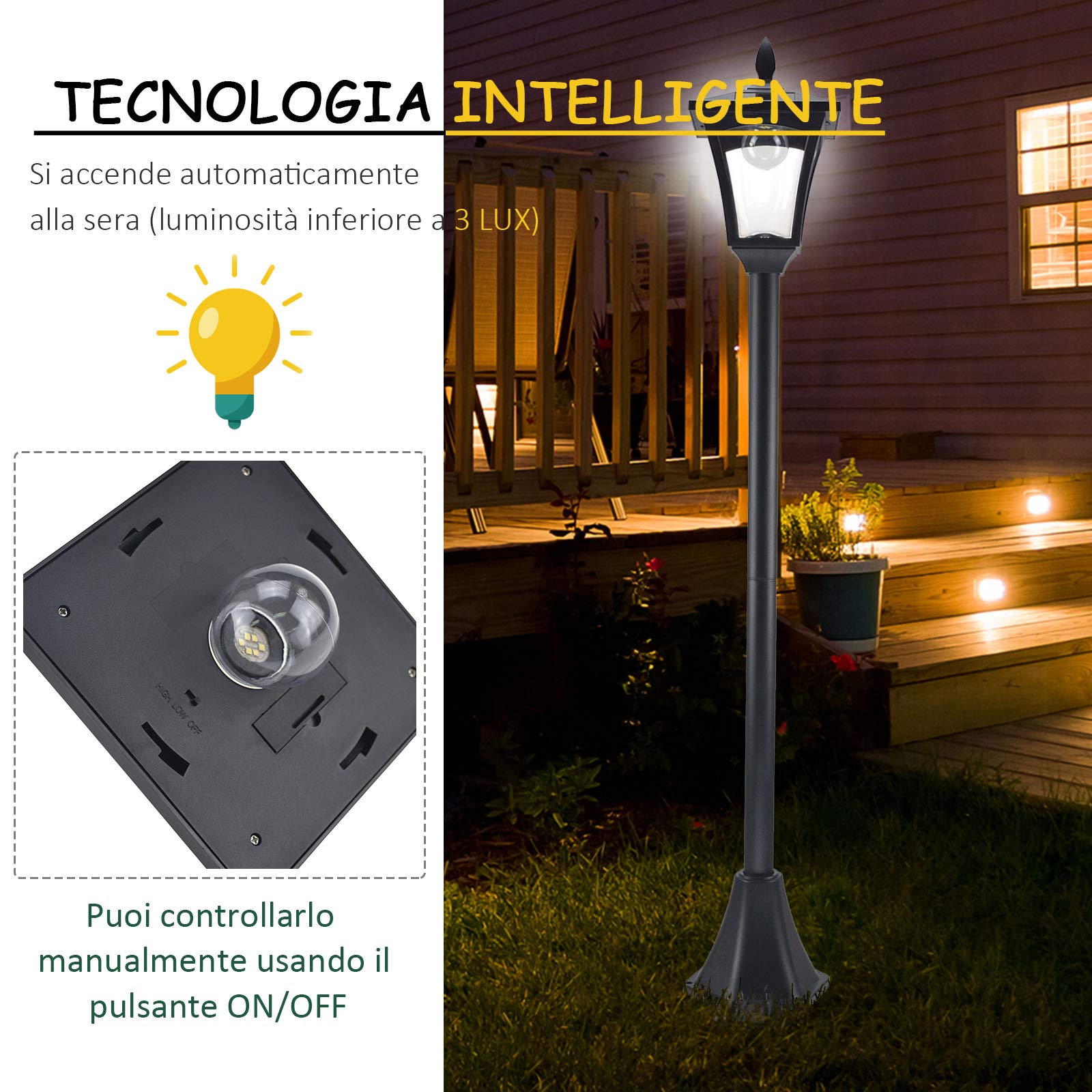 Outsunny Set 2 Lampioncini Solari da Esterno IP44 18x18x160 cm Nero | Lampade da Giardino, a Energia Solare, Impermeabili