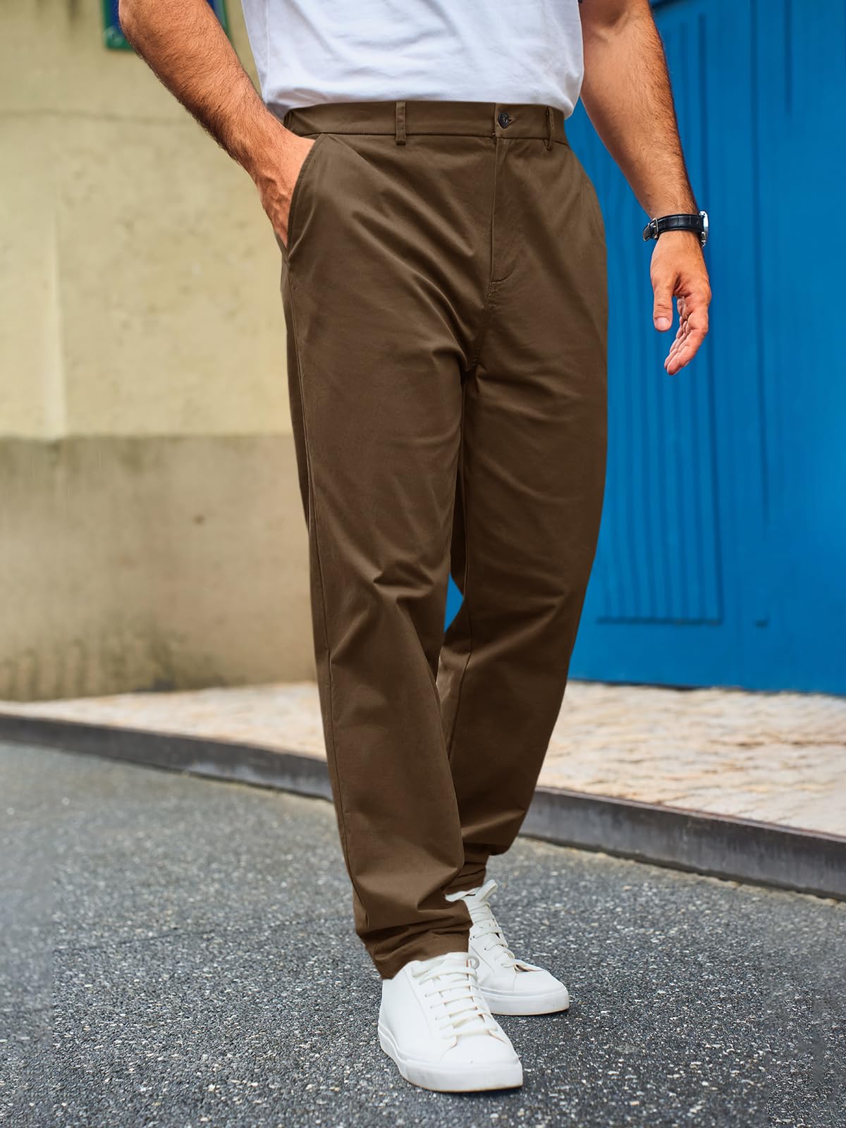 Runcati Pantaloni chino da uomo, vestibilità normale, elasticizzati, per il tempo libero, tinta unita, in cotone, lunghi, leggeri, da lavoro, con elastico in vita