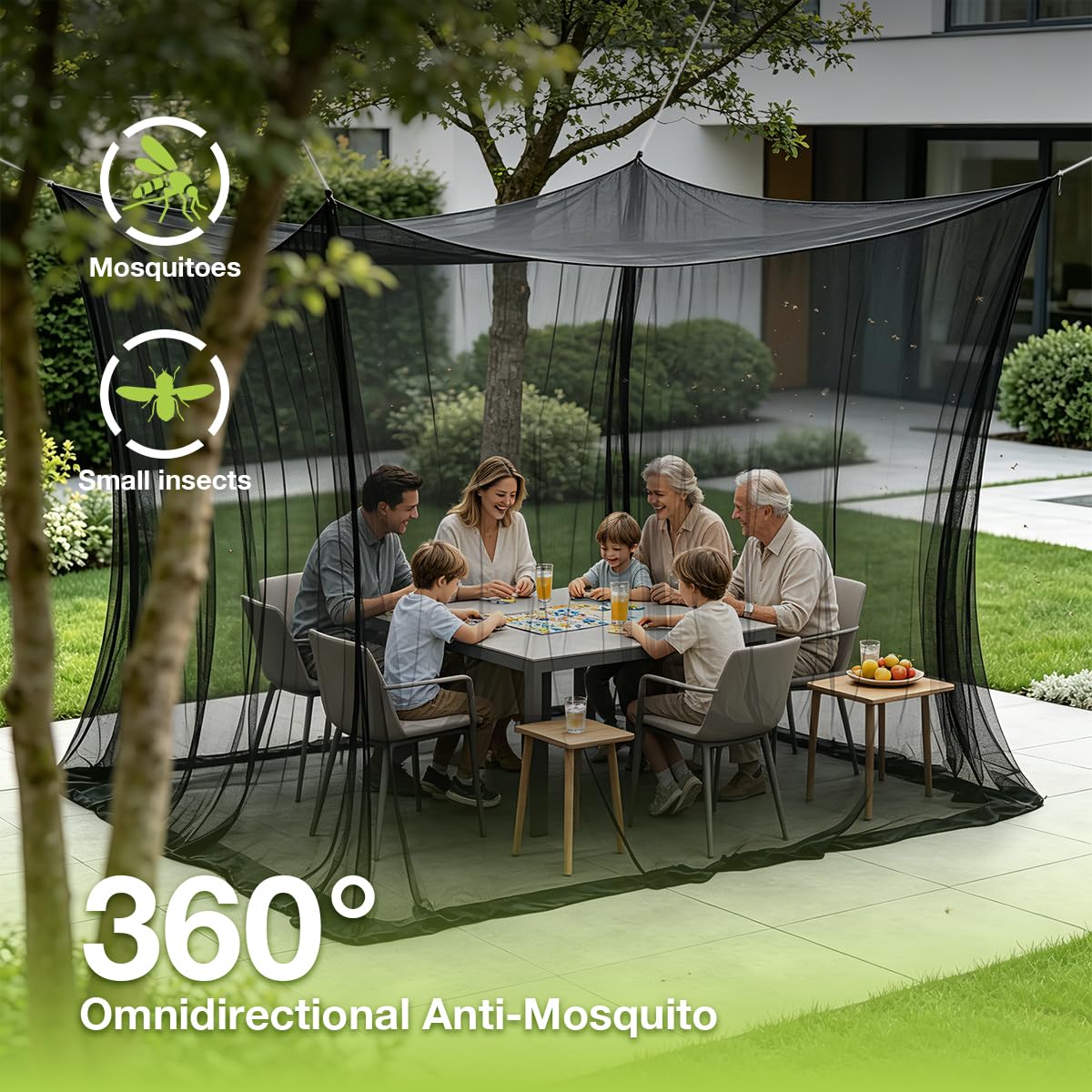 Mosquitera Jardín 3m x 3m, Mosquitera Exterior Grande XXL para Cenador, Camping y Terraza, Red Antiinsectos Transpirable de Alta Densidad con Cuerdas de Fijación (Black)