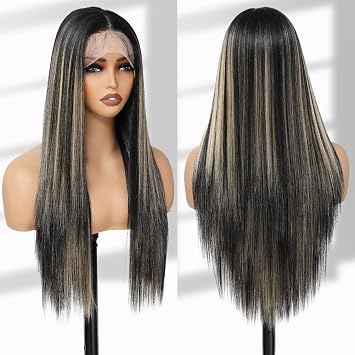 X-Tress Blonde Highlight Straight Lace Front Wig 13x4x1 T Part Lace Synthetic Wig for Women Wear and Go with Baby Hairline Long Middle Part (Blonde Highlight)