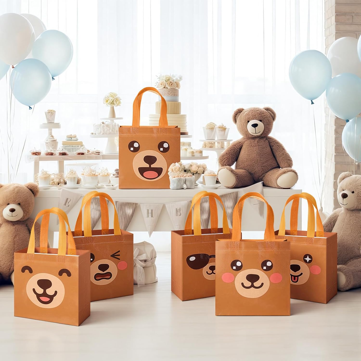 Sweetude 40 Pcs Bear Gift Party Favor Bags with Handle, Non Woven Goodie Bags Birthday Favor for Birthday Baby Shower Packaging Supplies