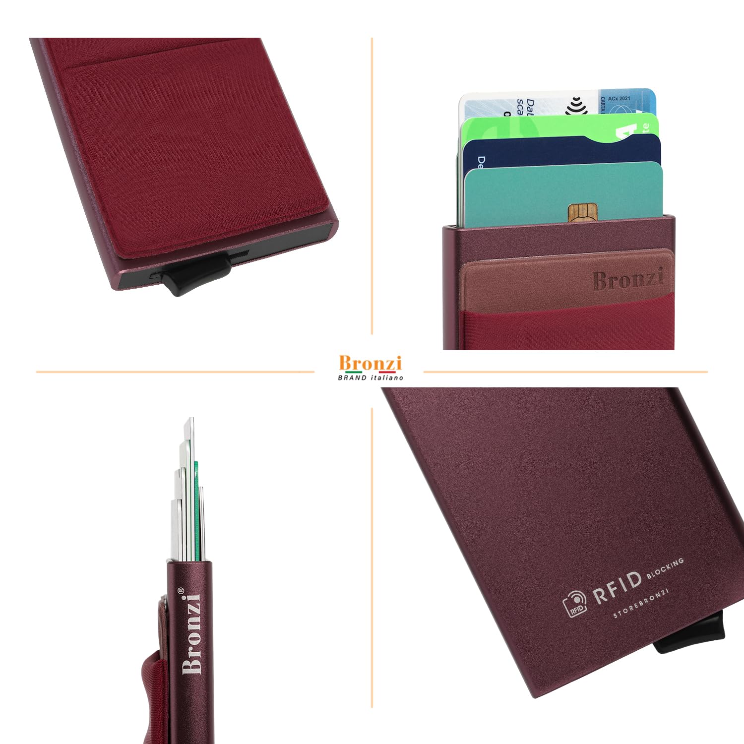 Bronzi® Portafoglio Porta badge Uomo Donna Slim Porta Carte Credito - Protezione RFID - Mini Portatessere tascabile smart (Rosso Vino)