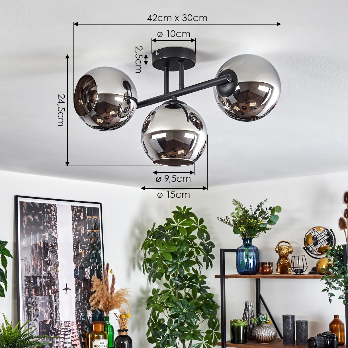 HOFSTEIN Deckenleuchte Koyoto, 3-flammige Deckenlampe aus Metall/Glas in Schwarz/Chrom-/Rauchfarben, Leuchte im Retro/Vintage-Design (Schirme Ø 15 cm), E14, Esszimmer, Wohnzimmer, Küche, Flur
