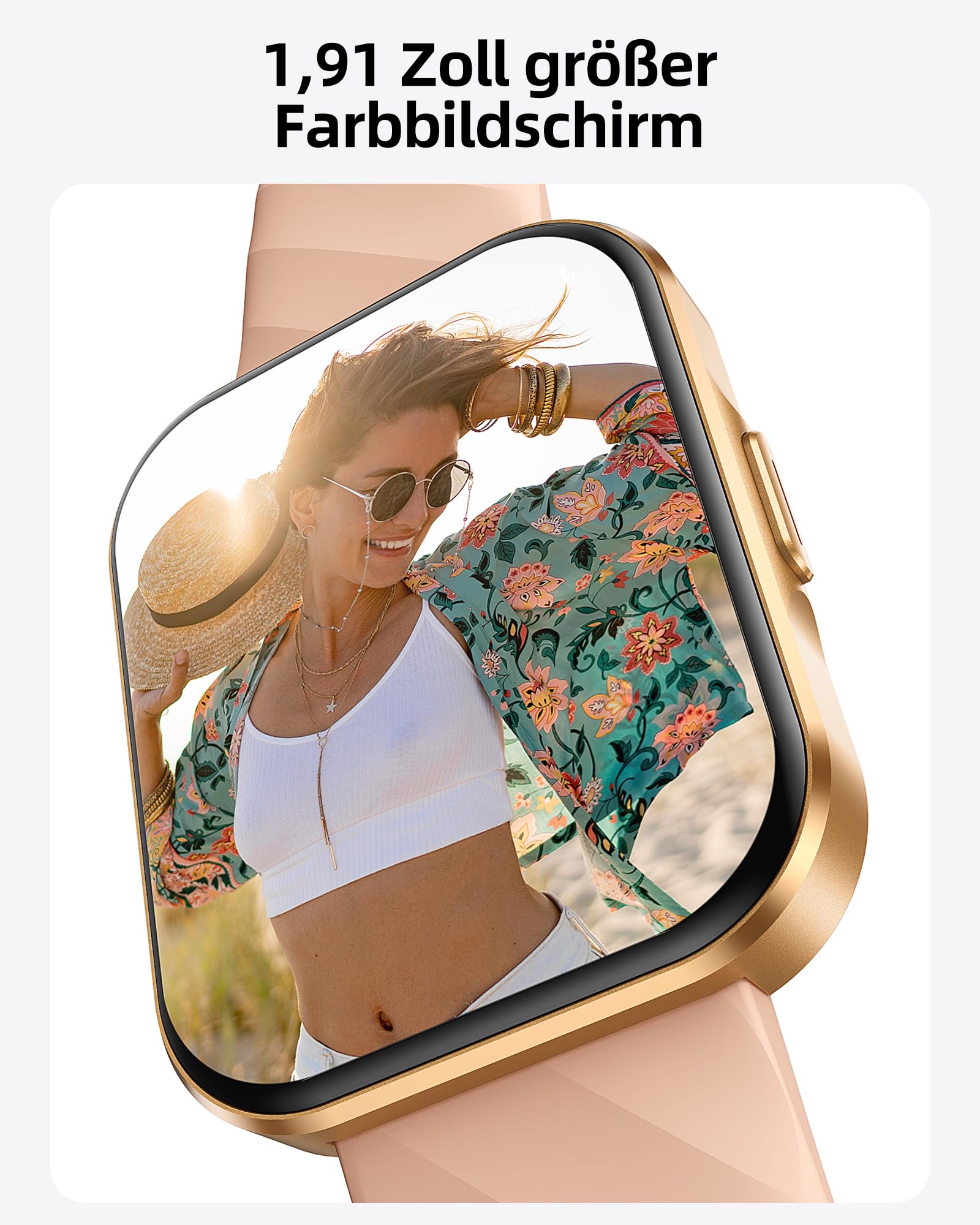 Parsonver Smartwatch Damen mit Telefonfunktion, Fitness Tracker, 1,91" HD Touch Screen, IP68 Wasserdicht, Gold Rosa