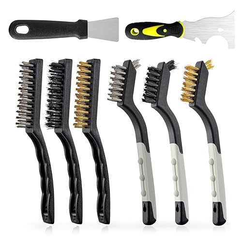 Juego de 6 cepillos de alambre, cepillos de alambre con cerdas de latónacero inoxidablenailon y 2 raspadores de pintura, limpieza profunda para