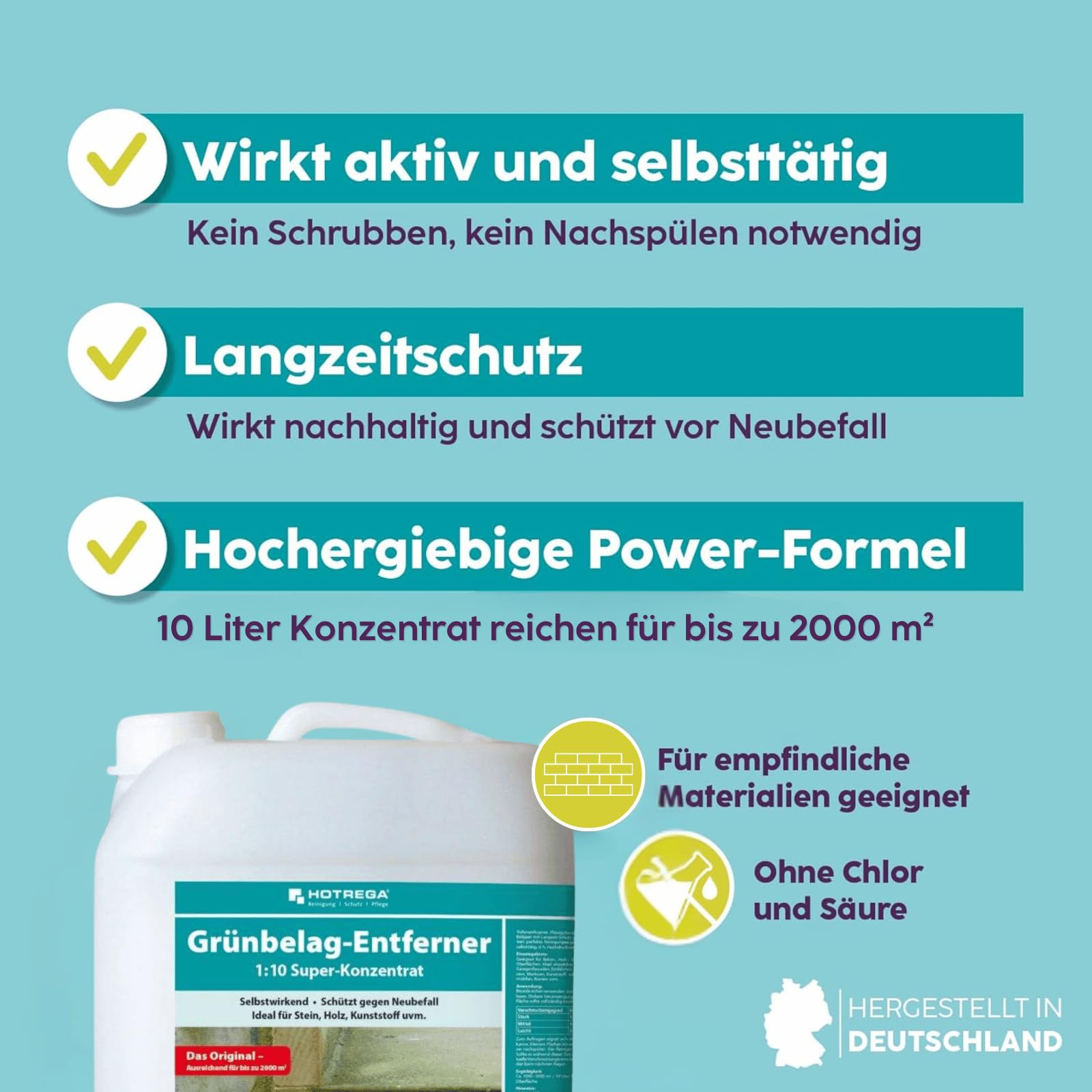 HOTREGA Grünbelagentferner 1:10 Super-Konzentrat 10 Liter | Entfernt Algen & Grünbeläge von Stein, Holz, Kunststoff und Keramik | Säure- und chlorfrei