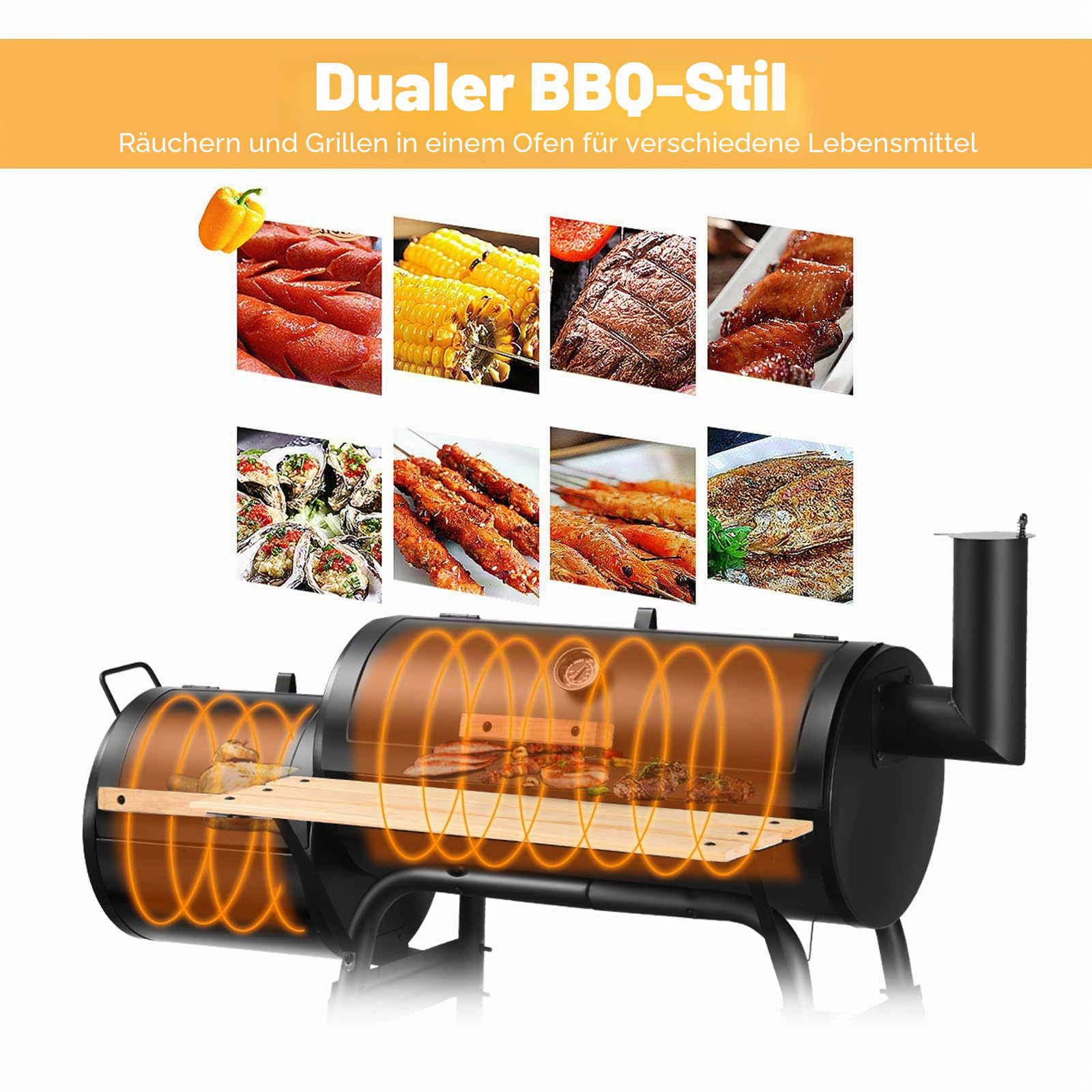 KOMFOTTEU Holzkohlegrill mit Kamin, 2 in 1 Räuchern Grillen, Thermometer und Rädern, Rauchgrill Stahlgrill mit seitlichem Tisch & Bodenregal, Grillwagen BBQ für outdoor, Smoker Grill 115x65x108 cm