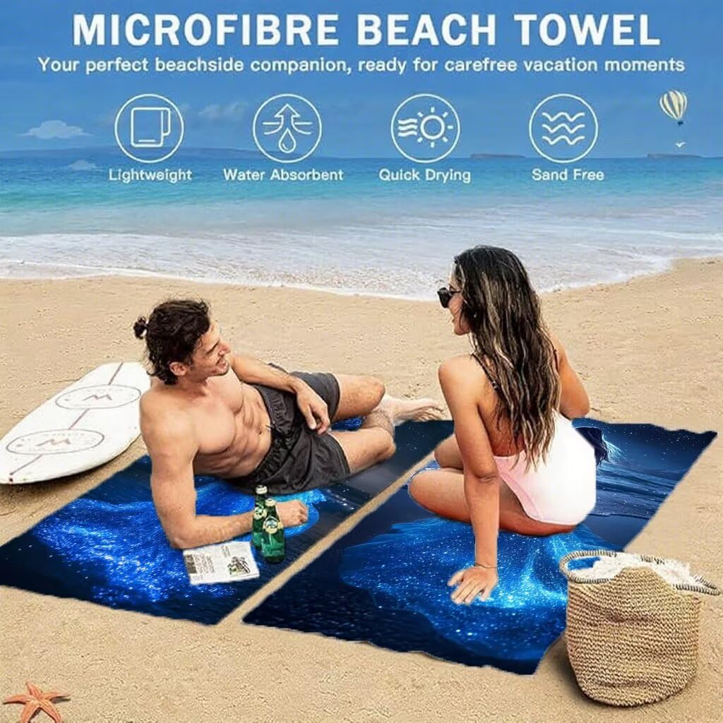 Bleu Serviette de Plage 100x200cm Lot de 2, Rêve Serviette Microfibre Ultra Absorbantes Séchage Rapide Anti Sable Léger Transport Compacte Drap de Plage pour Piscine Voyages Femme et Homme, Model411