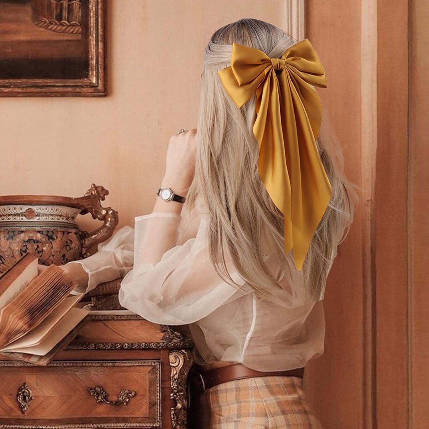 M T BROTHERS - 1 PIECE Big Satin Layered Hair Bows for Women Girls 11 Inch Barrette Hair Clip Long Black Ribbon Bows French Style Hair Accessories (11 IN, YELLOW) 1