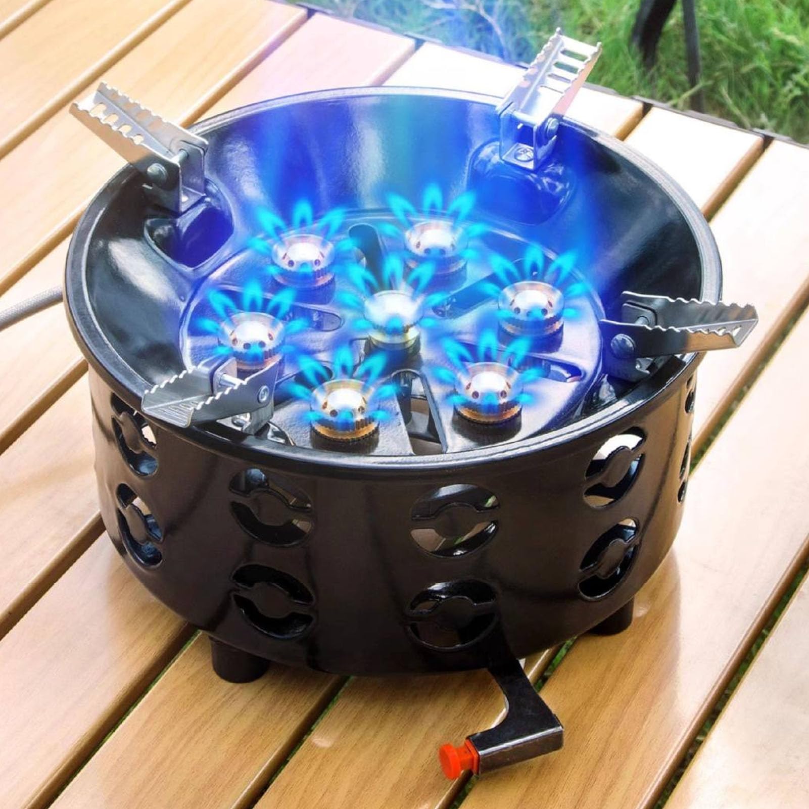 Luocute Fornello a Gas a Fuoco Singolo, Fornello da Campeggio Portatile in Acciaio Al Carbonio con Antivento e Potente Potenza di Fuoco di 21800 W, per Cucinare All'Aperto con Bombole