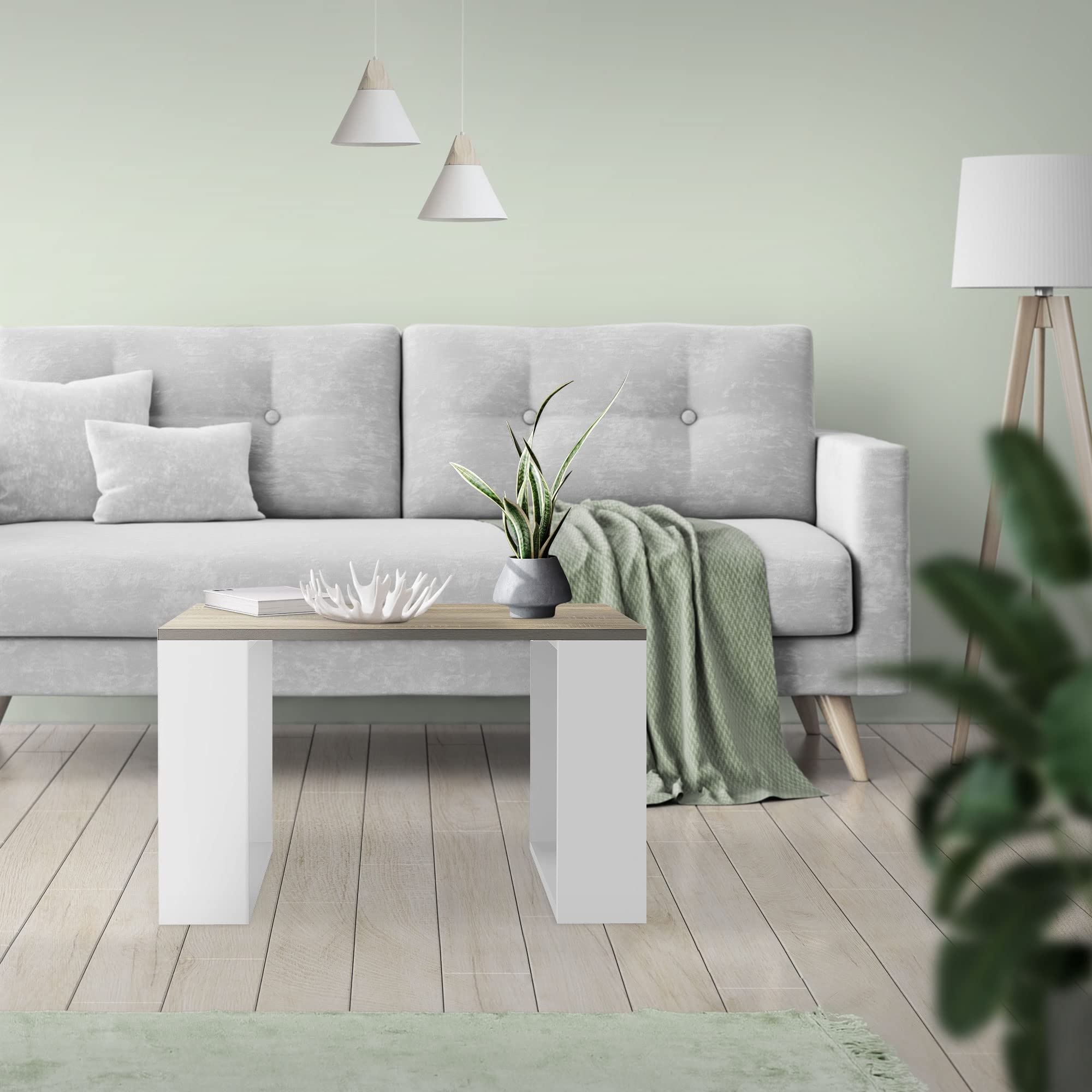 ML-Design Mesa de Centro 65 x 65 x 40 cm Tablero de Madera de Roble Patas Metálicas Blancas Mesita Cuadrada Auxiliar para Salón y Oficina Mesilla Estilo Moderno Velador de Sofá para Té y Café Cómoda