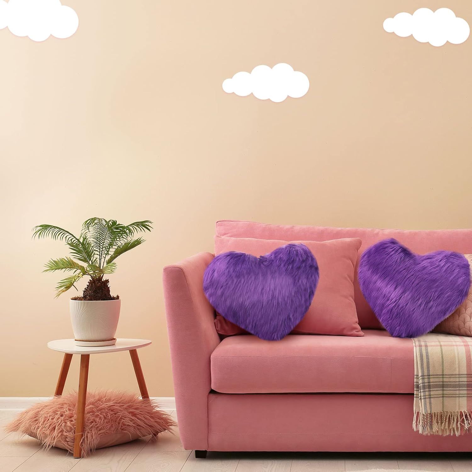 Enhon 2 Pcs Fluffy Heart Pillows Faux Fur Heart Shaped Plush Pillow Soft 20 x 15.7 Inch Love Throw Pillows with Insert for Decorative Office Home Bedroom Living Room Sofa(Violet)