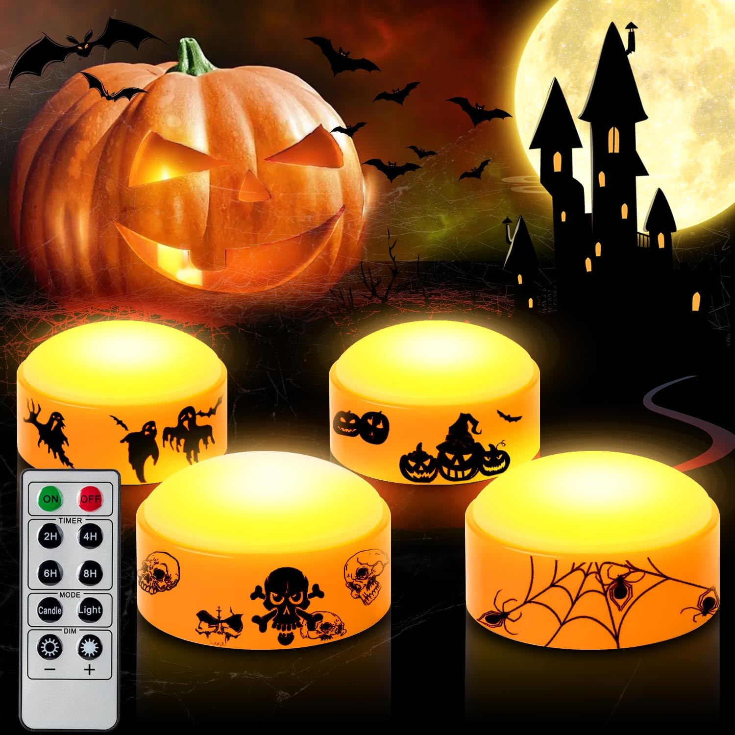 CANDLE IDEA 4 PCS Halloween LED Pumpkin Lights with Timer and Remote, Battery Operated Jack-O-Lantern Orange Light for Halloween Decor, Flameless Candles for Pumpkin Decoration