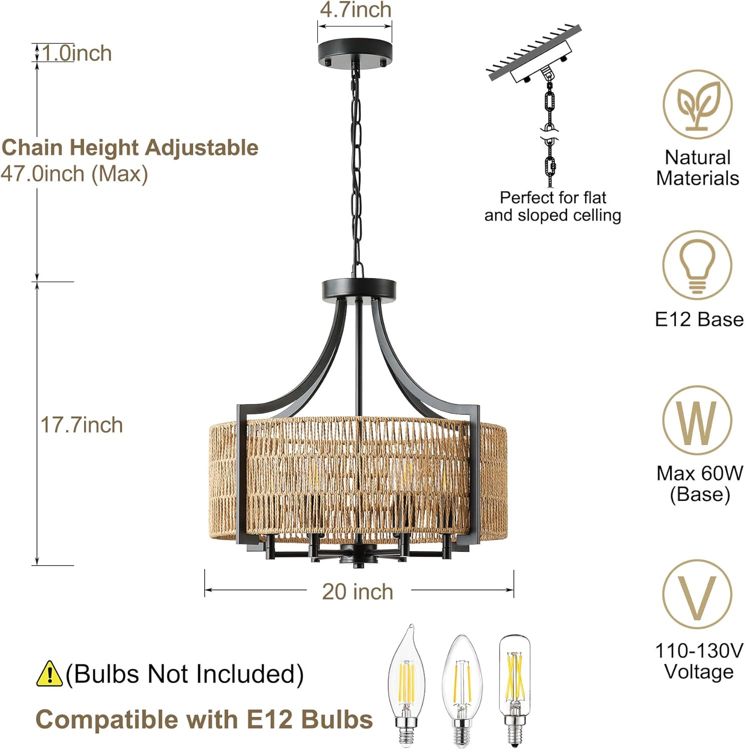 20" Large Rattan Chandeliers Ceiling Light Fixture, 6-Light Boho Rattan Hand-Woven Farmhouse Pendant Light Fixture Adjustable Suit for Dining Room Hallway Kitchen Island(Brown)