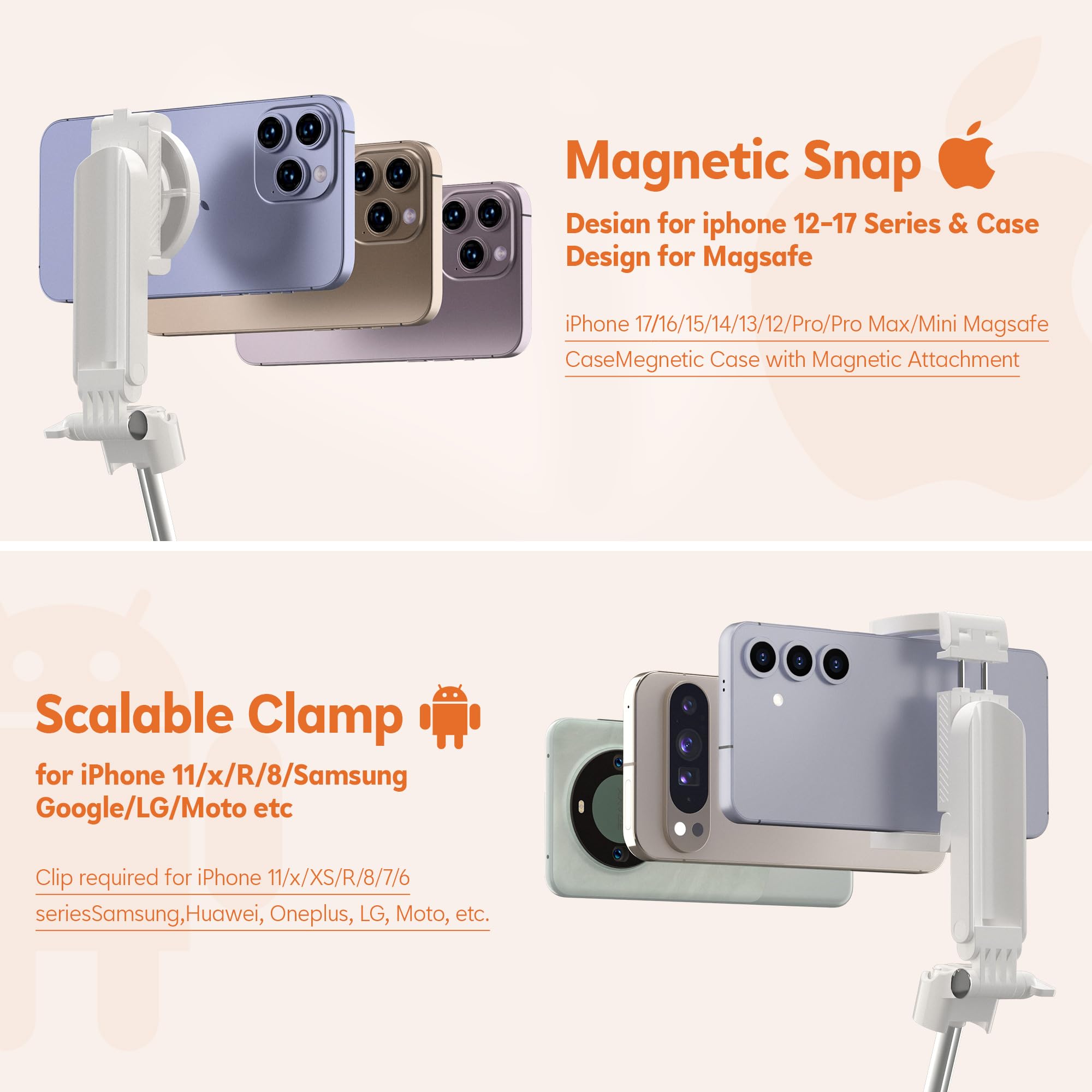 Mini selfie stick magnetico per iPhone, 4 in 1, treppiede portatile tascabile per iPhone MagSafe/Android con supporti remoto/cold shoe, treppiedi piccolo/compatto per cellulare, per scrivania, viaggi