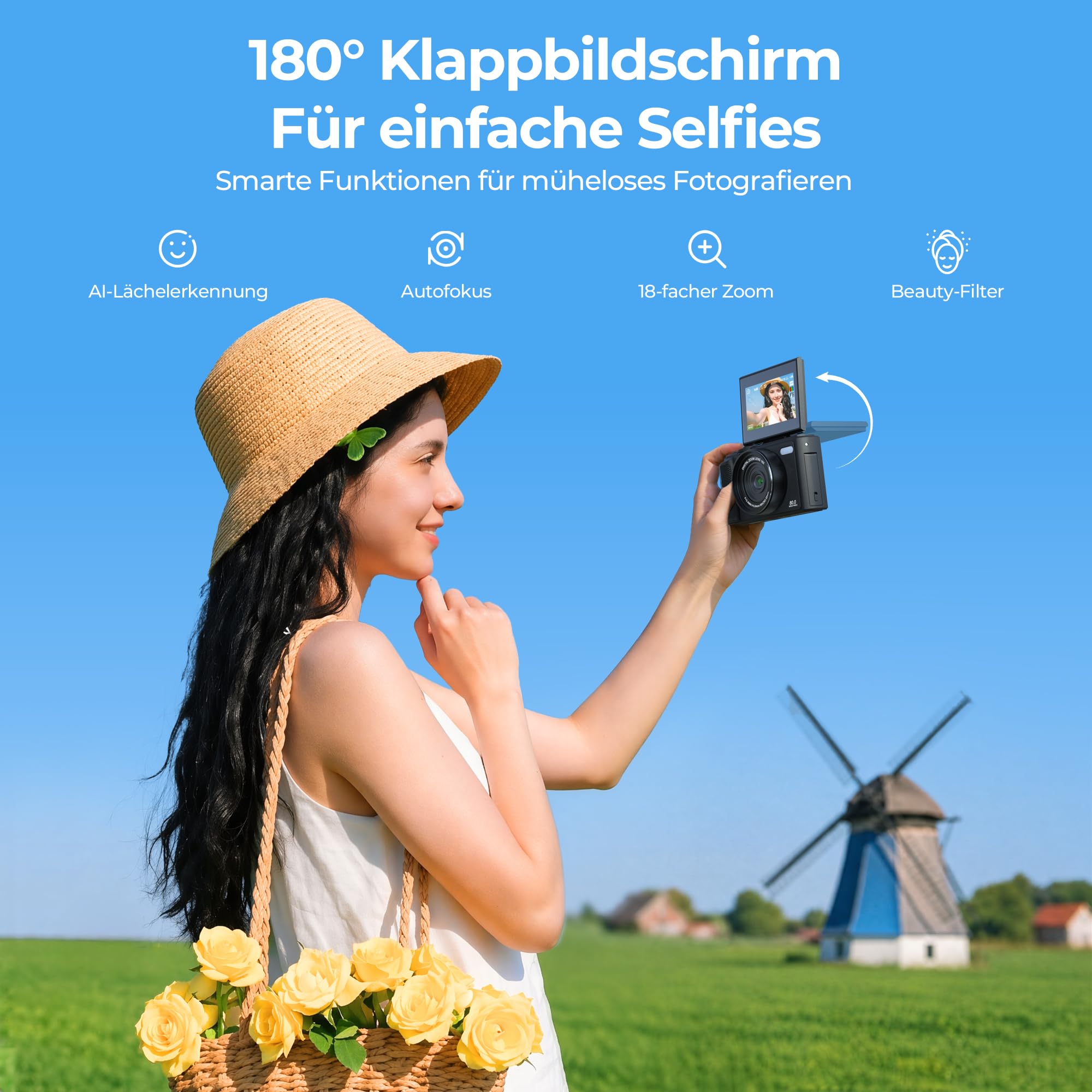 5K WiFi Digitalkamera & Fotokamera 80 MP, Vlogging Kamera für YouTube mit Autofokus, 3" 180° Klappbildschirm, 18X Digitalzoom Reisekamera für Anfänger & Jugendliche, mit 64GB SpeicherKarte & 2 Akkus