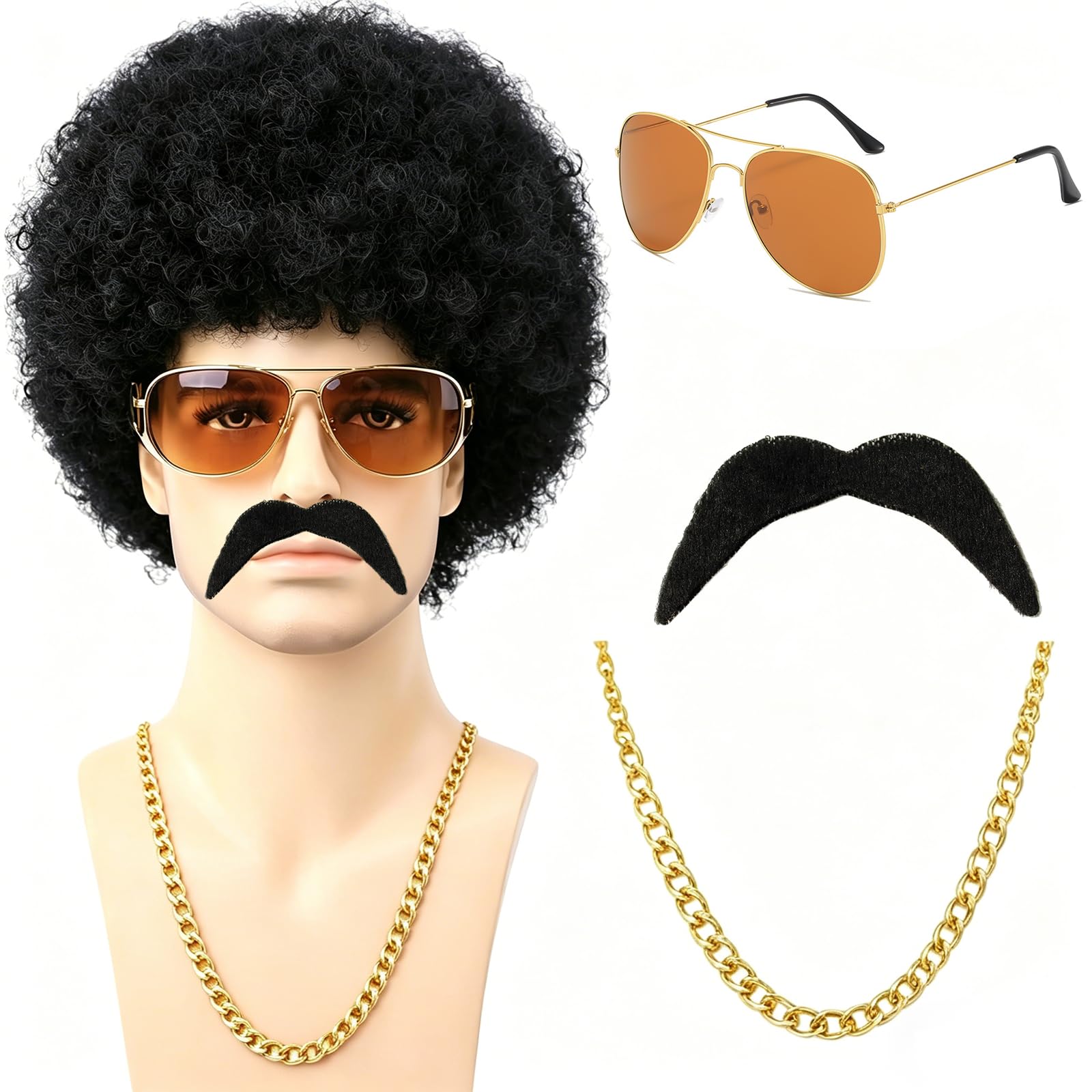 GWAWG 4Pcs Hippie Costume Set,Disco Hippie Costume with with Mustache Glasses Artificial Wolf Necklace Gold Chain Short Curly Synthetic Hair Afro Mens Wig for 70s Disco Retro Men Hippie Accessories