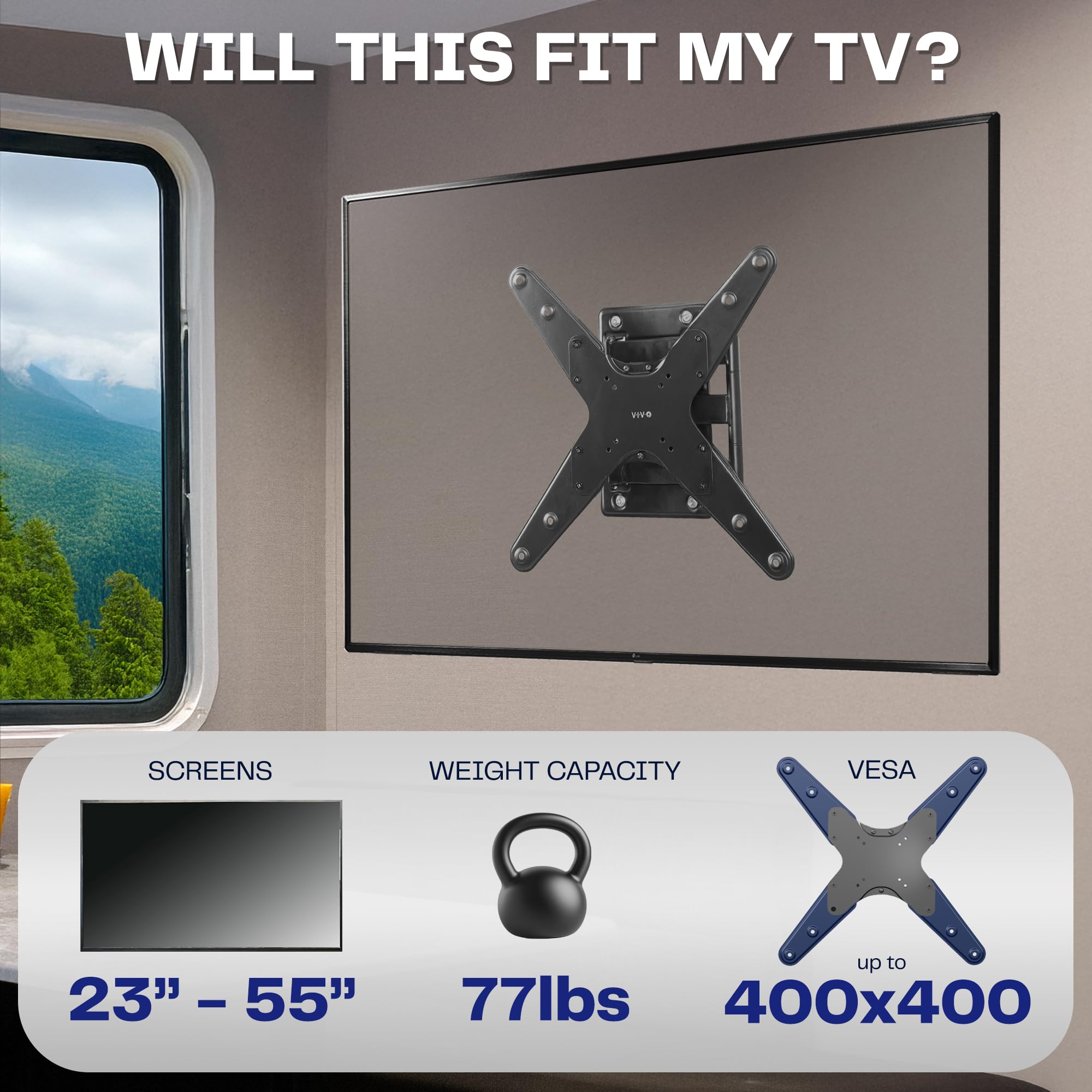 VIVO Supporto TV per camper da 23 a 55 schermi, max VESA 400 x 400 mm, supporta fino a 34,9 kg, staffa da parete bloccabile con braccio, nero, MOUNT-VWRV4L