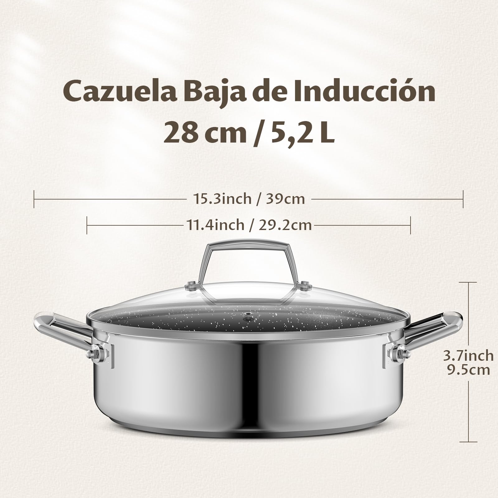 BEZIA Cacerola Baja Inducción 5.2 L Acero Inoxidable 18/10 Tapa Cristal | Bordes altos, todo tipo de cocinas, horno, Cerámica antiadherente sin PTFE, ideal para guisar, freír, asar y cocinar a diario