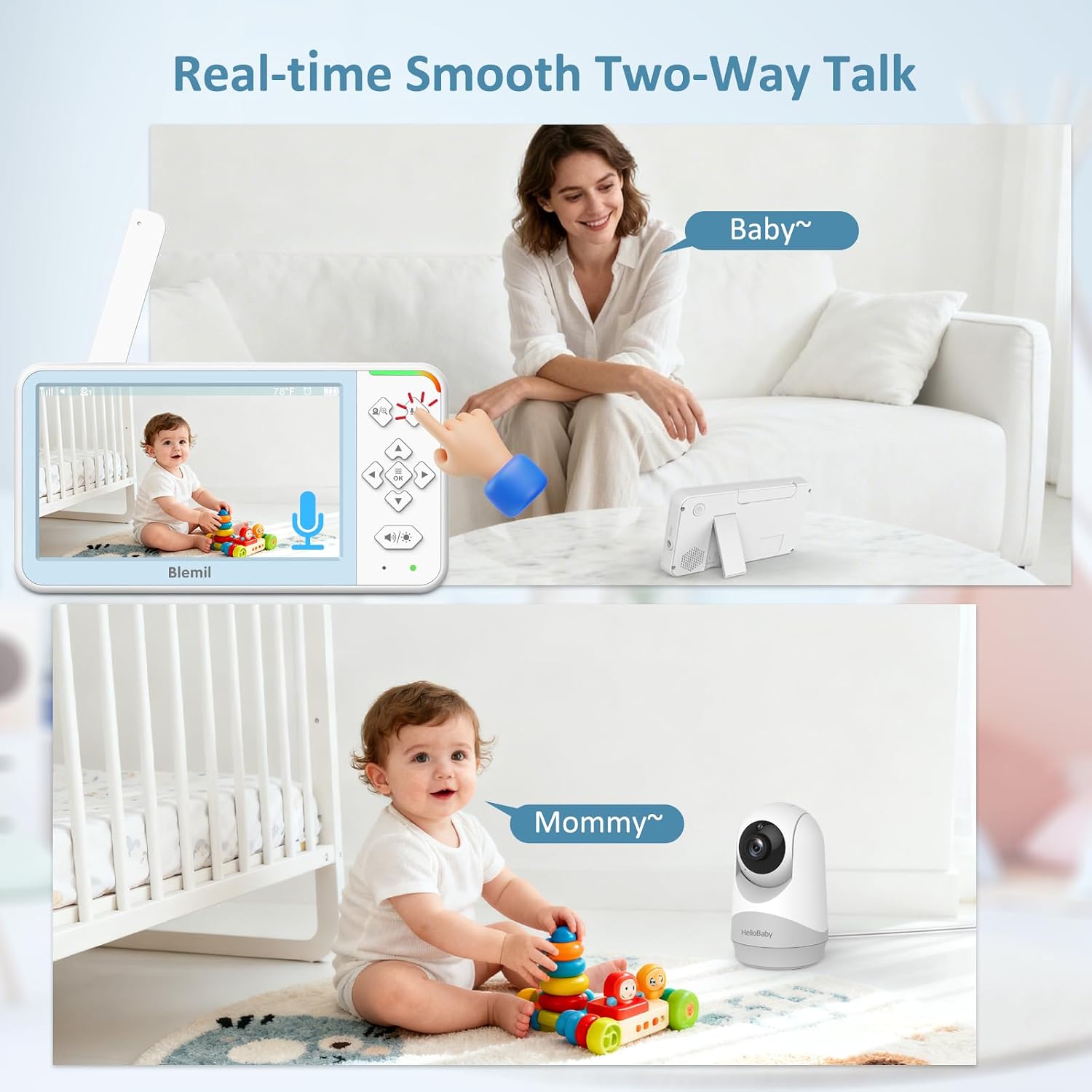 A woman speaking into the Blemil baby monitor parent unit, with a speech bubble 'Baby~' indicating two-way talk. Below, a baby is shown looking at the camera with a speech bubble 'Mommy~'.