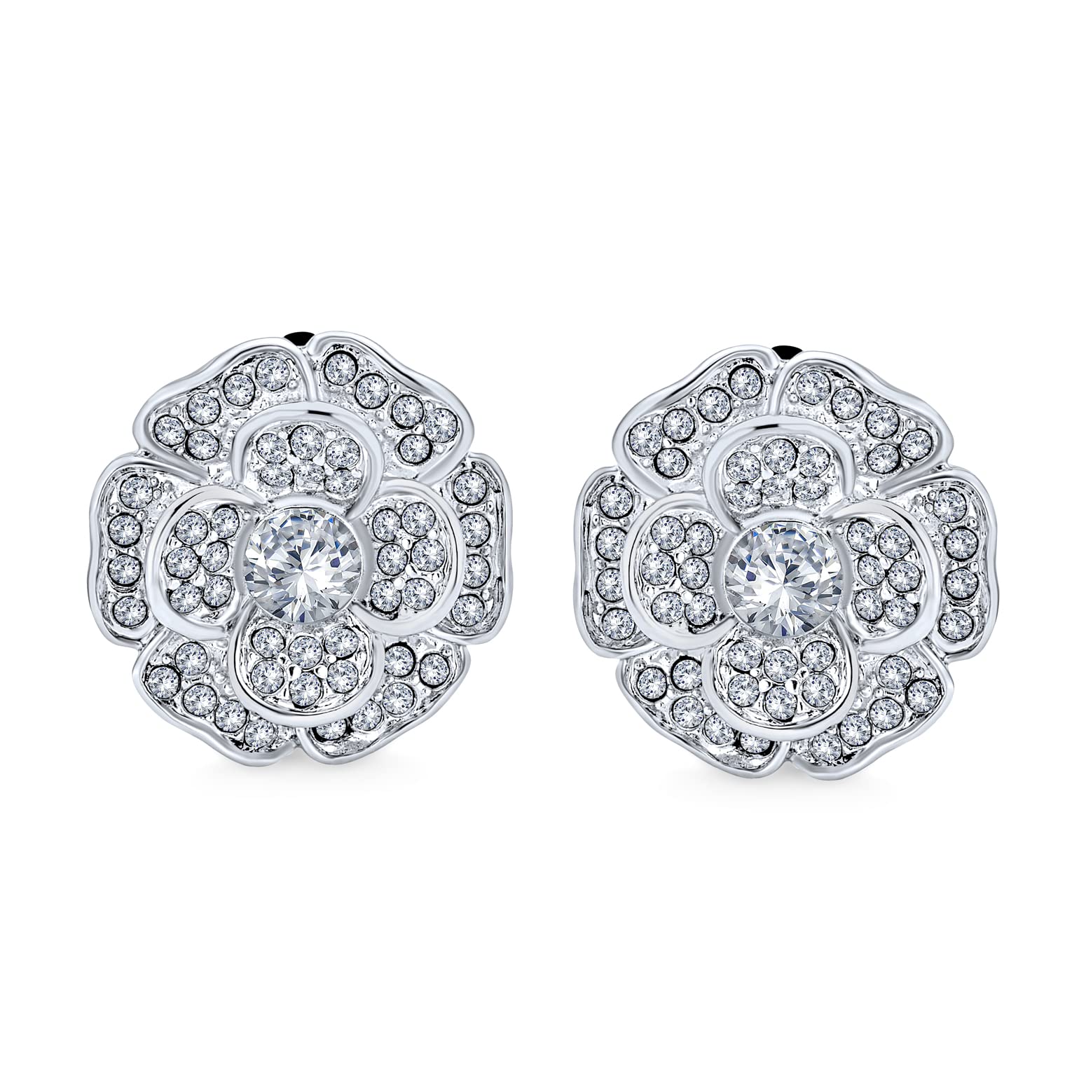 Elegante Nuziale Cubic Zirconia Pave CZ 3D Fiore Rosa Clip On Orecchini Per Donne Madre Matrimonio Prom Festa Formale Non Forato Orecchie Argento Placcato