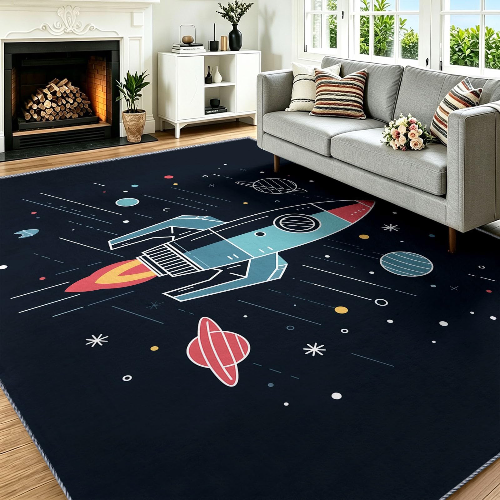 Generisch Alfombra de cohete planetas 160 x 230 cm para salón, dormitorio, comedor, antideslizante, suave pelo corto, dibujos animados, espacio exterior, alfombra negra para fácil limpieza