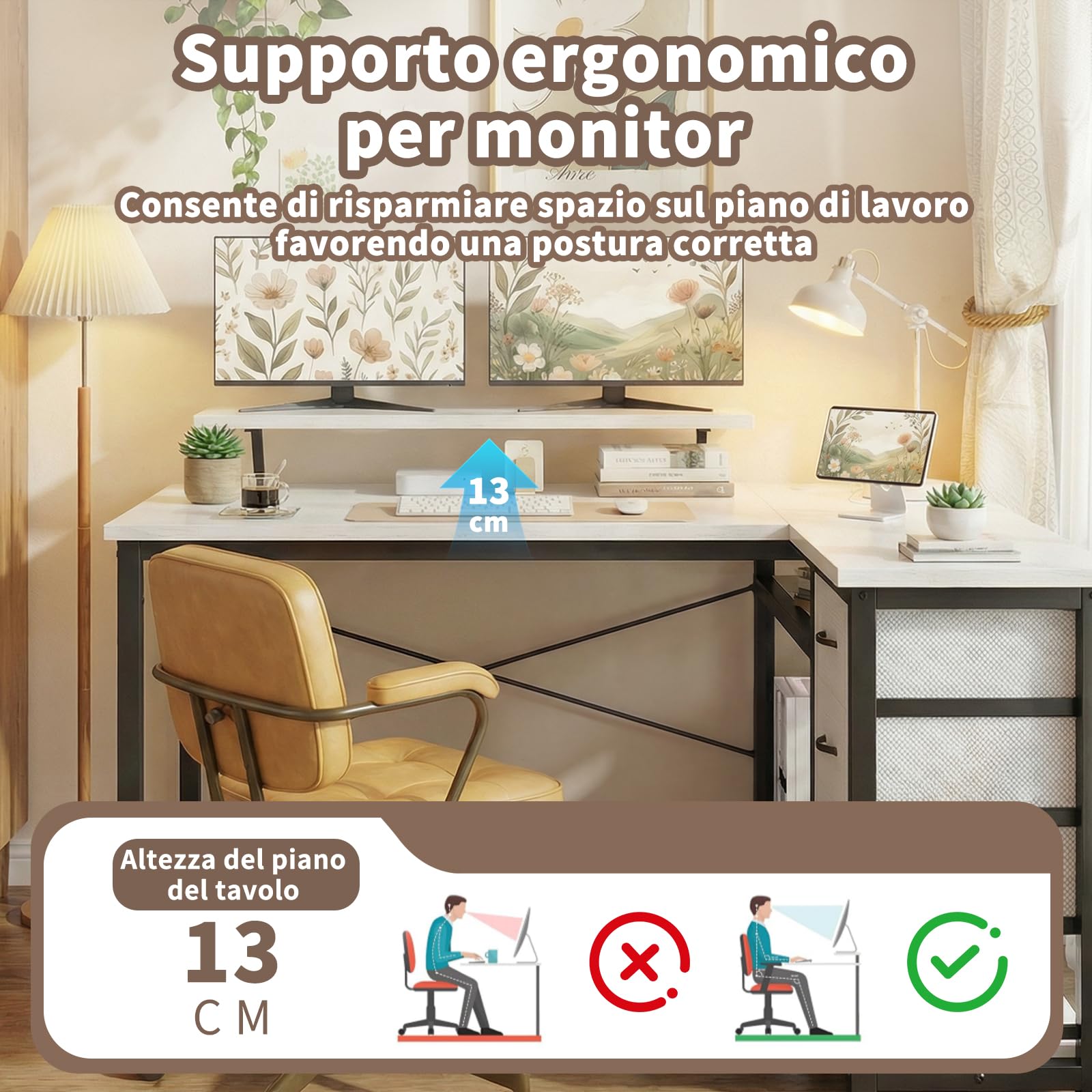 JUMMICO Scrivania a forma di L con 4 cassetti in tessuto, scrivania angolare reversibile con 2 prese e 2 porte USB, scrivania per computer a forma di L, per home office gaming, bianco, 160 x 80 cm