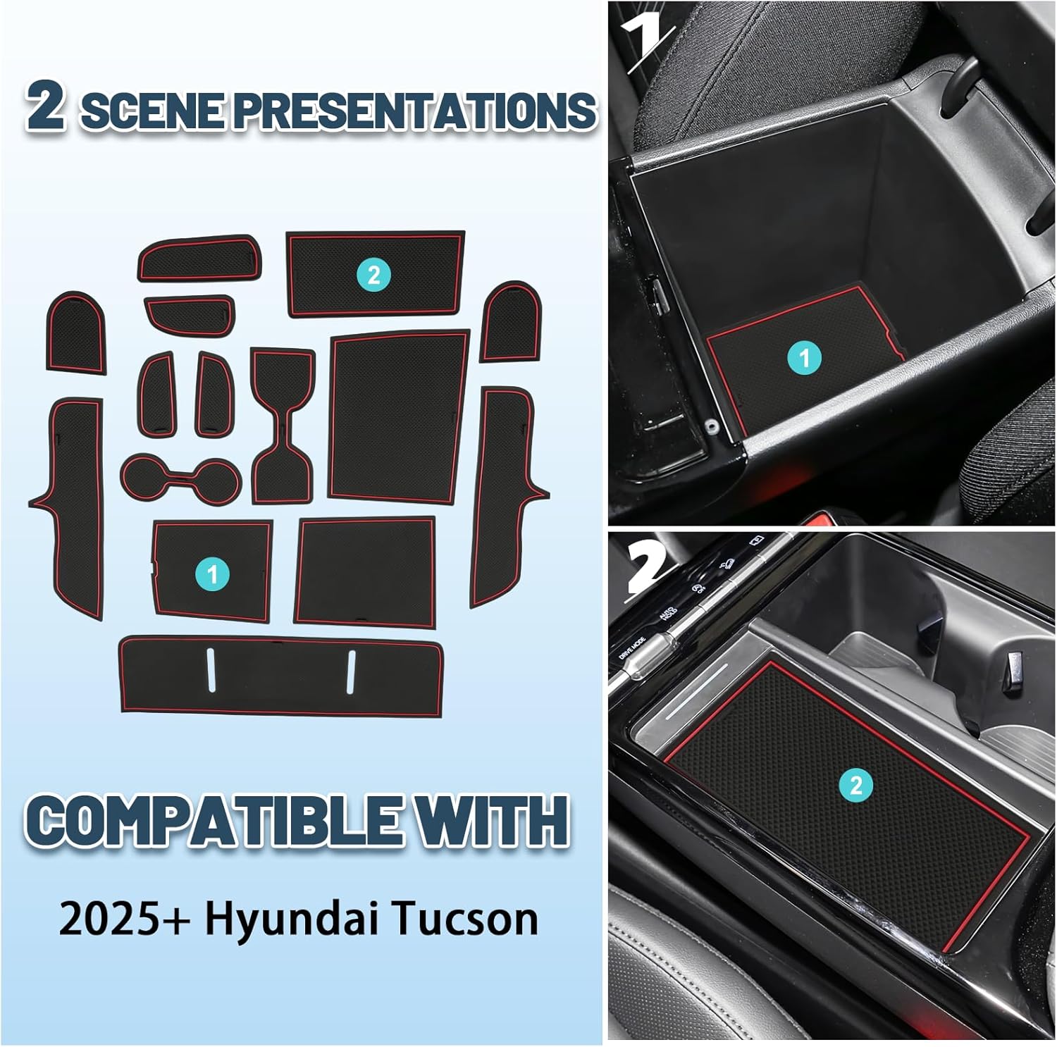 2025 Tucson Door Slot Mats for Hyundai Tucson 2025 Accessories 15PCS/Sets Anti-Slip Interior Mats Cup Holder Inserts Center Console Liner Compatible with 2025 2026 Hyundai Tucson Limited/Hybrid