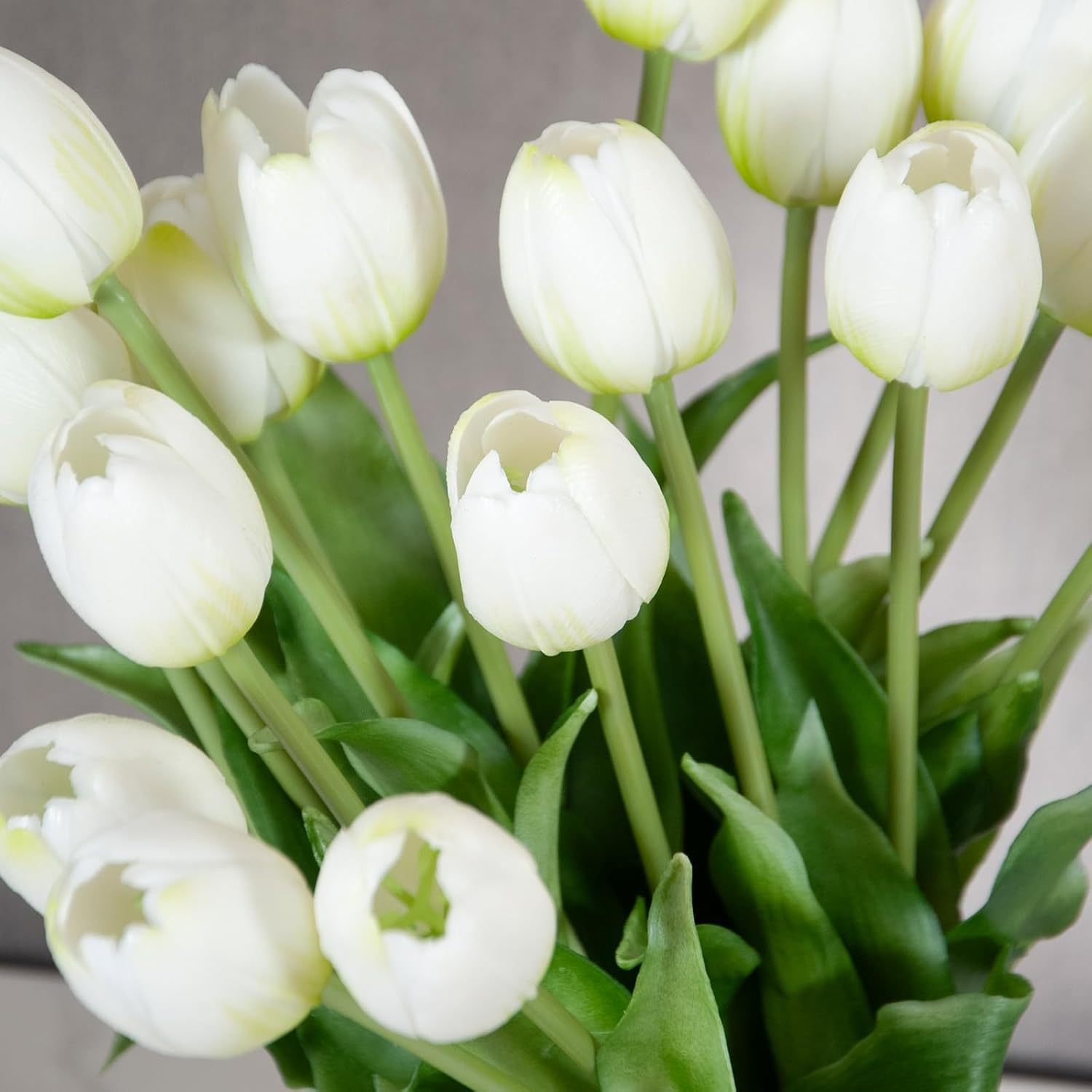 20 Pcs Real Touch Artificial Tulips with Vase, Large Faux Flower Arrangement in Heavy Fluted Glass, Bouquet for Dining Table Centerpiece, Home Office, Spring Decor, Set with Dust Bag (White)