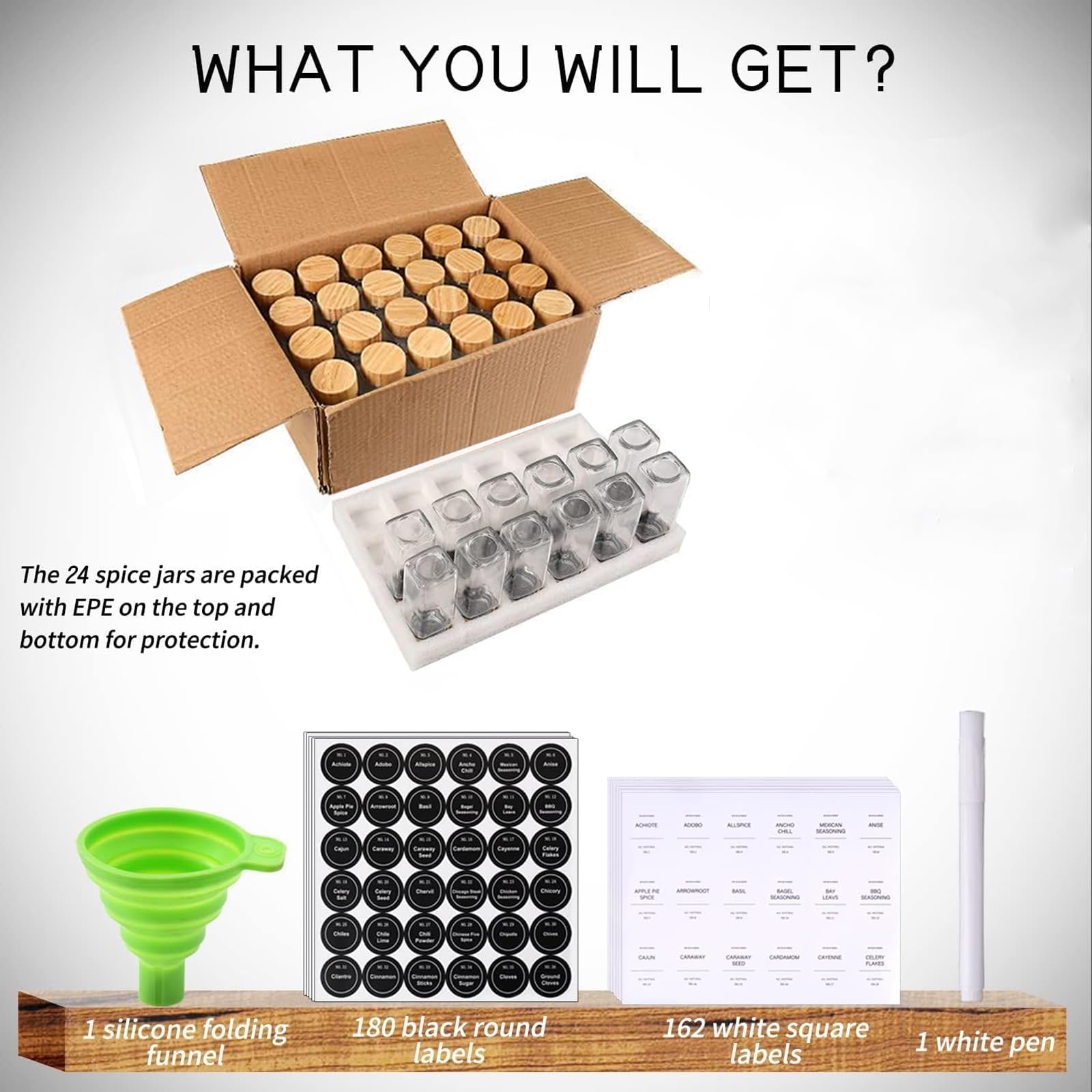 MEETOZ Glas Gewürzgläser mit Etikett Set, Glas Gewürzdosen mit Holzdeckel, Gewürze und Gewürze Sets Organizer, Gewürzglas mit Deckel Lebensmittelkanister Flasche Zuckerstreuer 24pcs