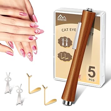 3 IN 1 Cat Eye Magnet for Nails, Wooden Magnetic Pen with Heart & Rabbit Shaped Stick for Nail Art, Professional Home DIY Cateye Gel Polish Magnets Tools 5PCS