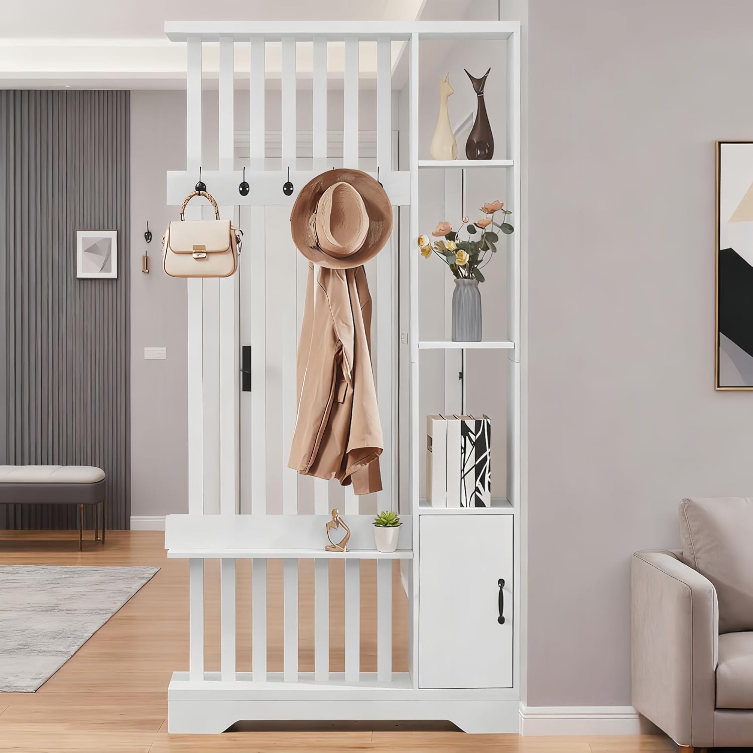 Room Divider with Shelves, Wall Room Divider Bookshelf, Freestanding Wood Privacy Screen with Storage Cabinet, Coat Rack, Display Shelf for Living Room Separation, Home Office Decorative (White)