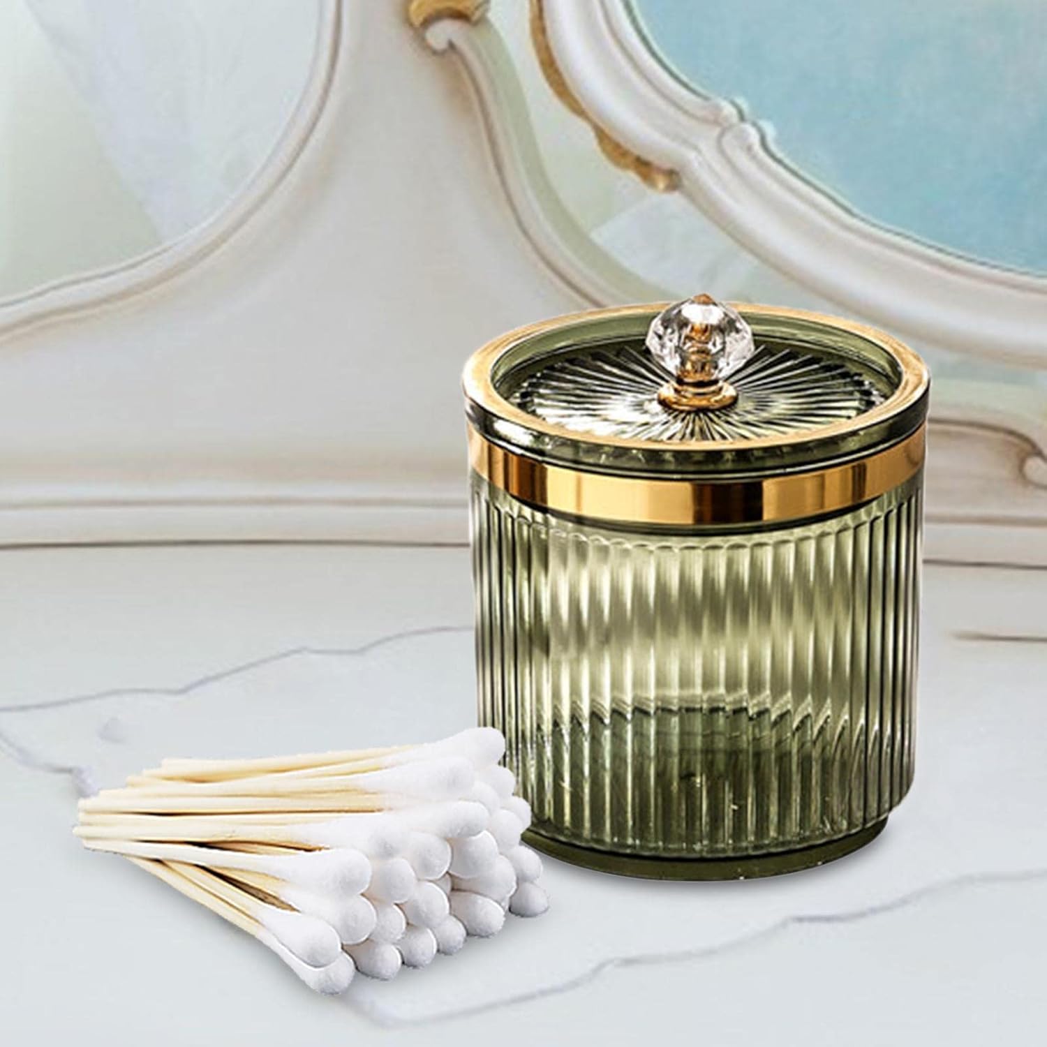 Generic Multifunctional Cosmetic Organizer, Makeup Swab Holder, Makeup Tool Storage Canister Container for Dresser Bathroom Vanity, Green, 8.5cmx11cm - Image 4