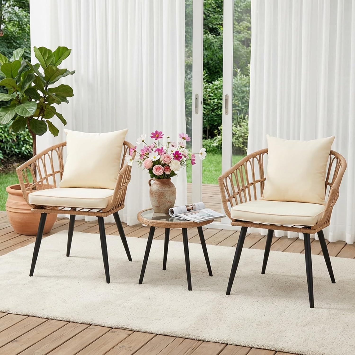 3 Piece Outdoor Patio Bistro Set,All-Weather Modern Wicker Table and Chairs Set for Backyard,Deck,Poolside,Beige