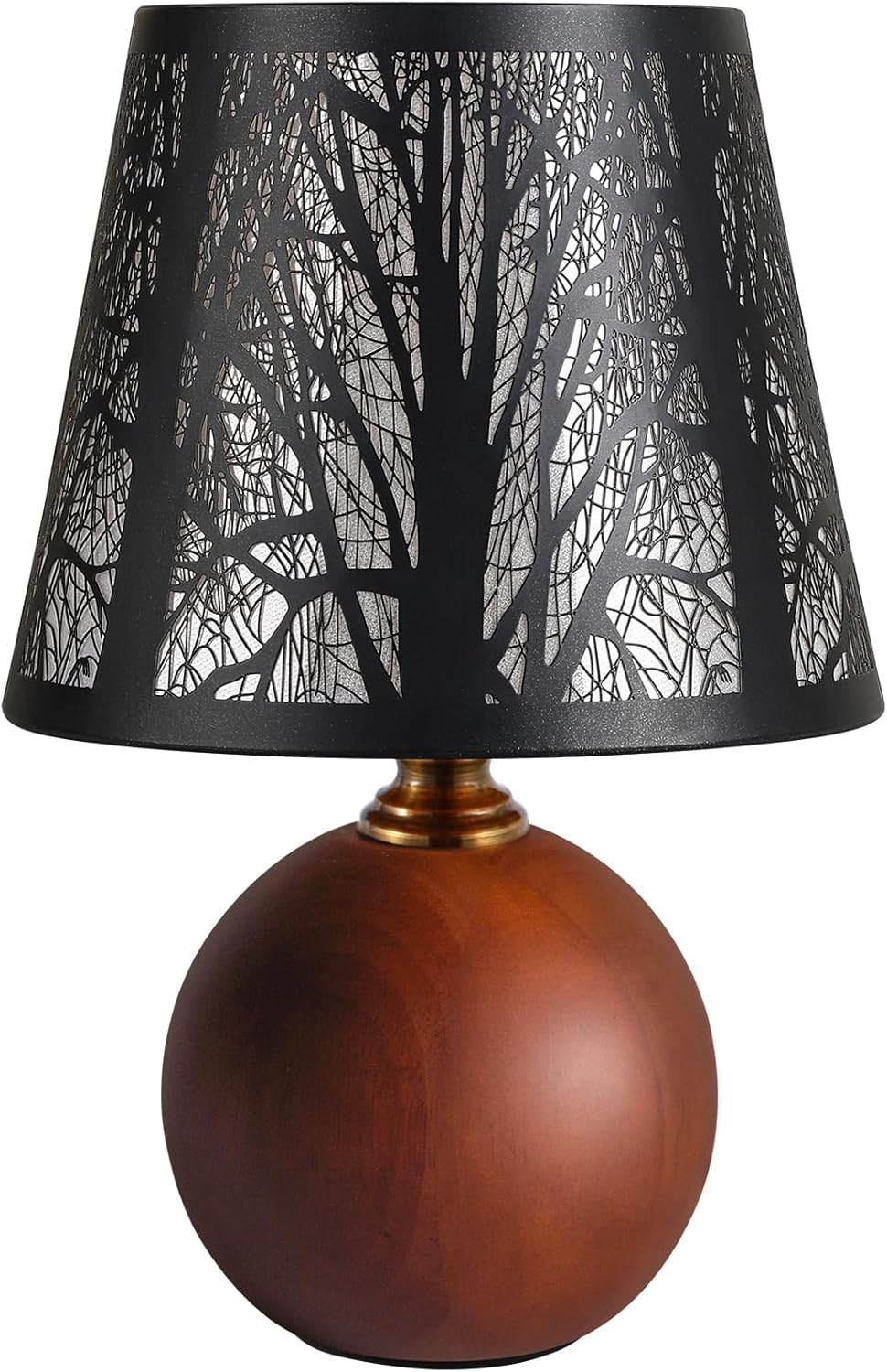 11.4" Rustic Forest Table Lamp, 3-Color Stepless Dimmable Bedside Lamp with Black Metal Tree Shade & Solid Wood Base, Small Decorative Accent Light for Living Room Nightstand