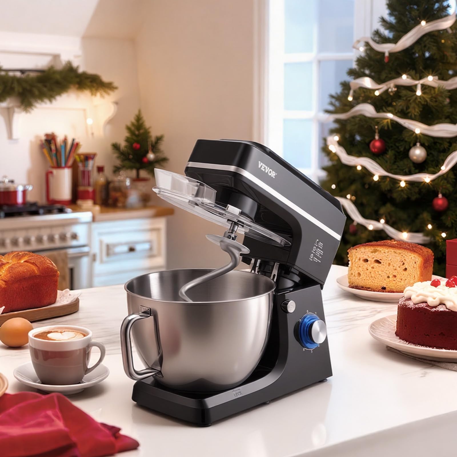 VEVOR Robot kuchenny, mikser do ciasta, 1400 W, 7,84 l, robot kuchenny z uchylną głowicą, miska ze stali nierdzewnej, hak do zagniatania, trzepaczka, skrobak, domowy robot kuchenny do pieczenia i